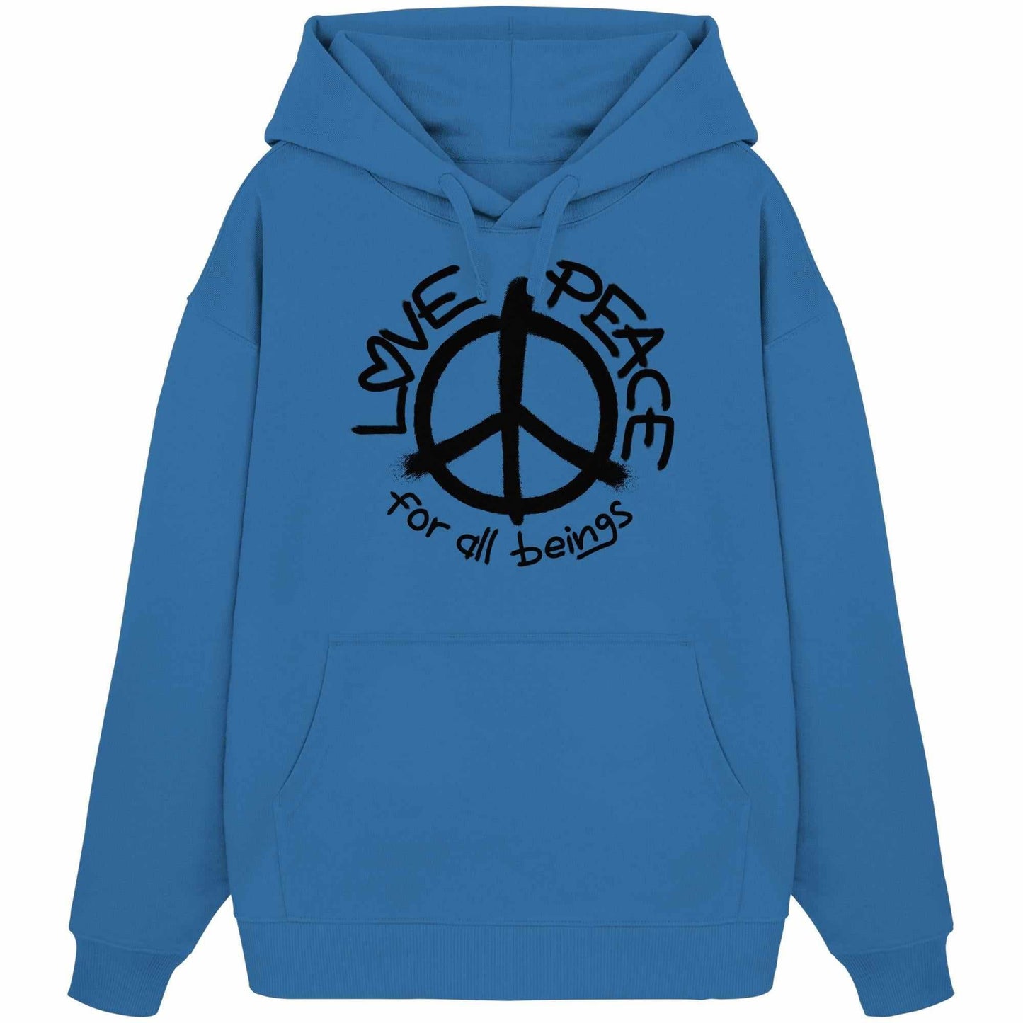 Vegan und Bio Oversized Hoodie mit Peace-Symbol, Kängurutasche und Kapuze. Nachhaltiges Design von RUDE REBEL, aus 100% Bio-Baumwolle.