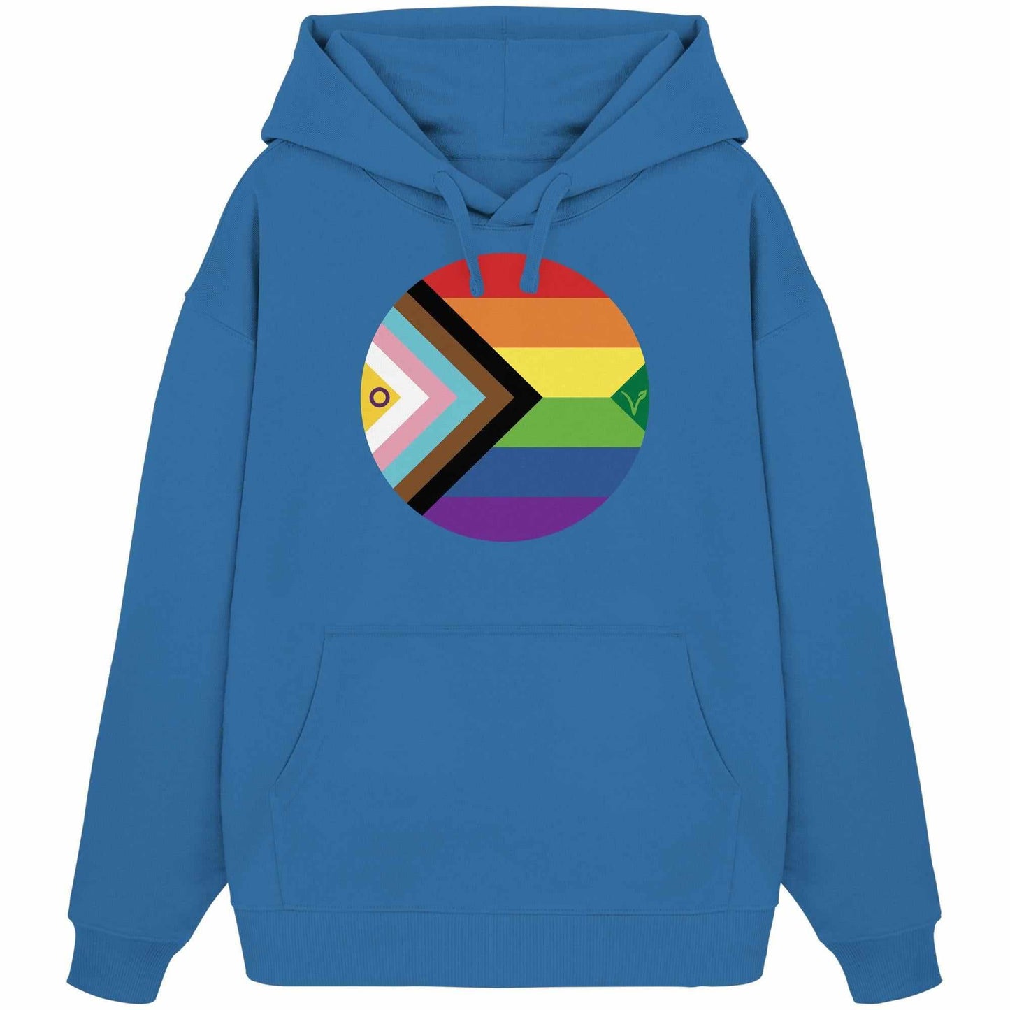 Vegan und Bio Oversized Hoodie: LGBTQAI+ Veganismus, blauer Kapuzenpullover mit Regenbogenfisch-Logo und Kängurutasche, aus 100% Bio-Baumwolle, rebellisch und nachhaltig designed.