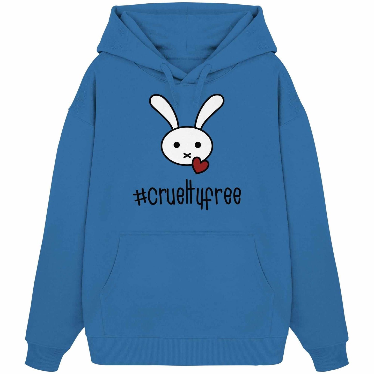 Vegan und Bio Oversized Hoodie: Crueltyfree Bunny BIG zeigt einen weißen Cartoon-Hasen auf blauem Hoodie mit Kängurutasche und Kapuze, aus 100% Bio-Baumwolle.