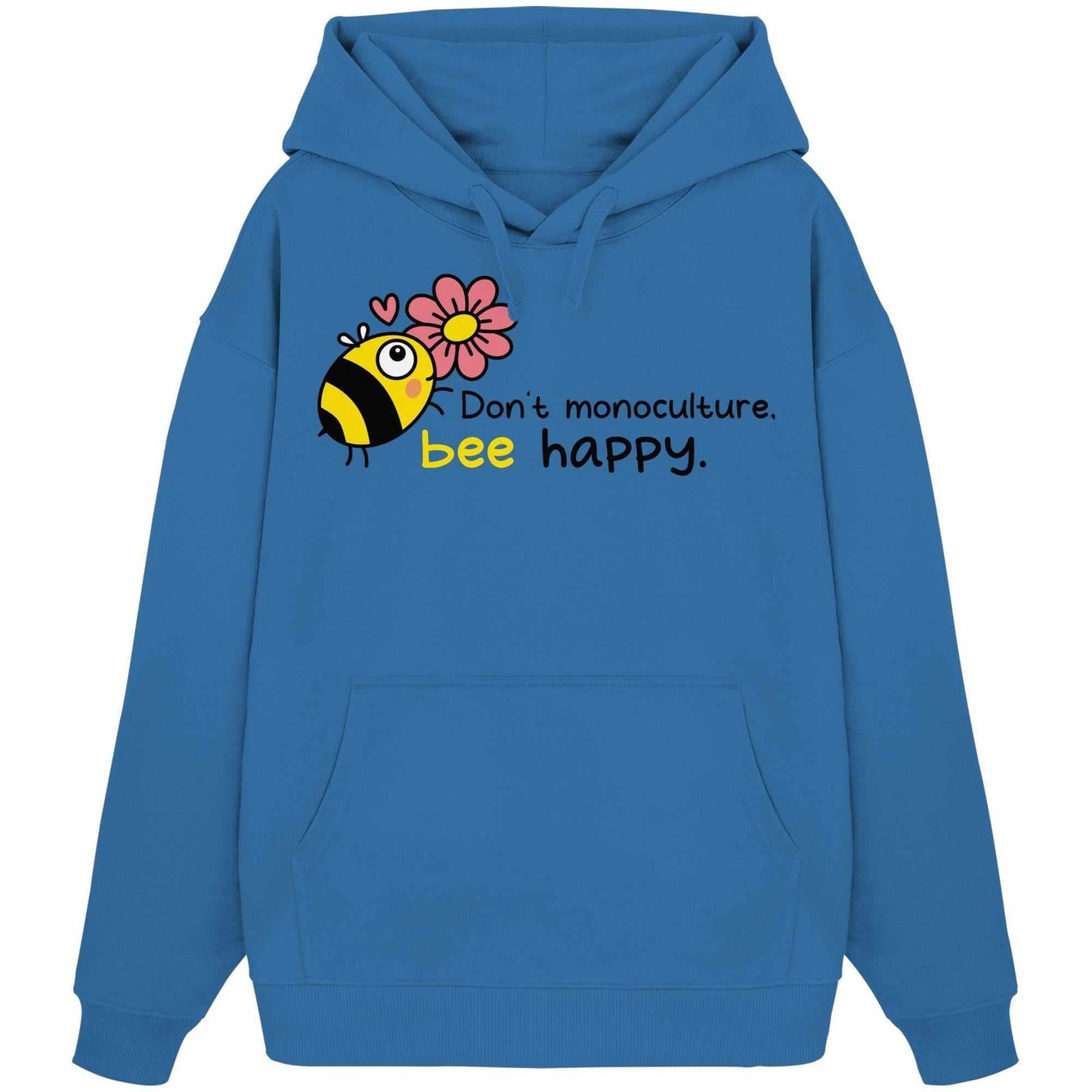 Vegan und Bio Oversized Hoodie: Save the bees mit Cartoon-Biene und Blume, aus 100% Bio-Baumwolle, mit Kängurutasche und Kapuze, designt von RUDE REBEL.