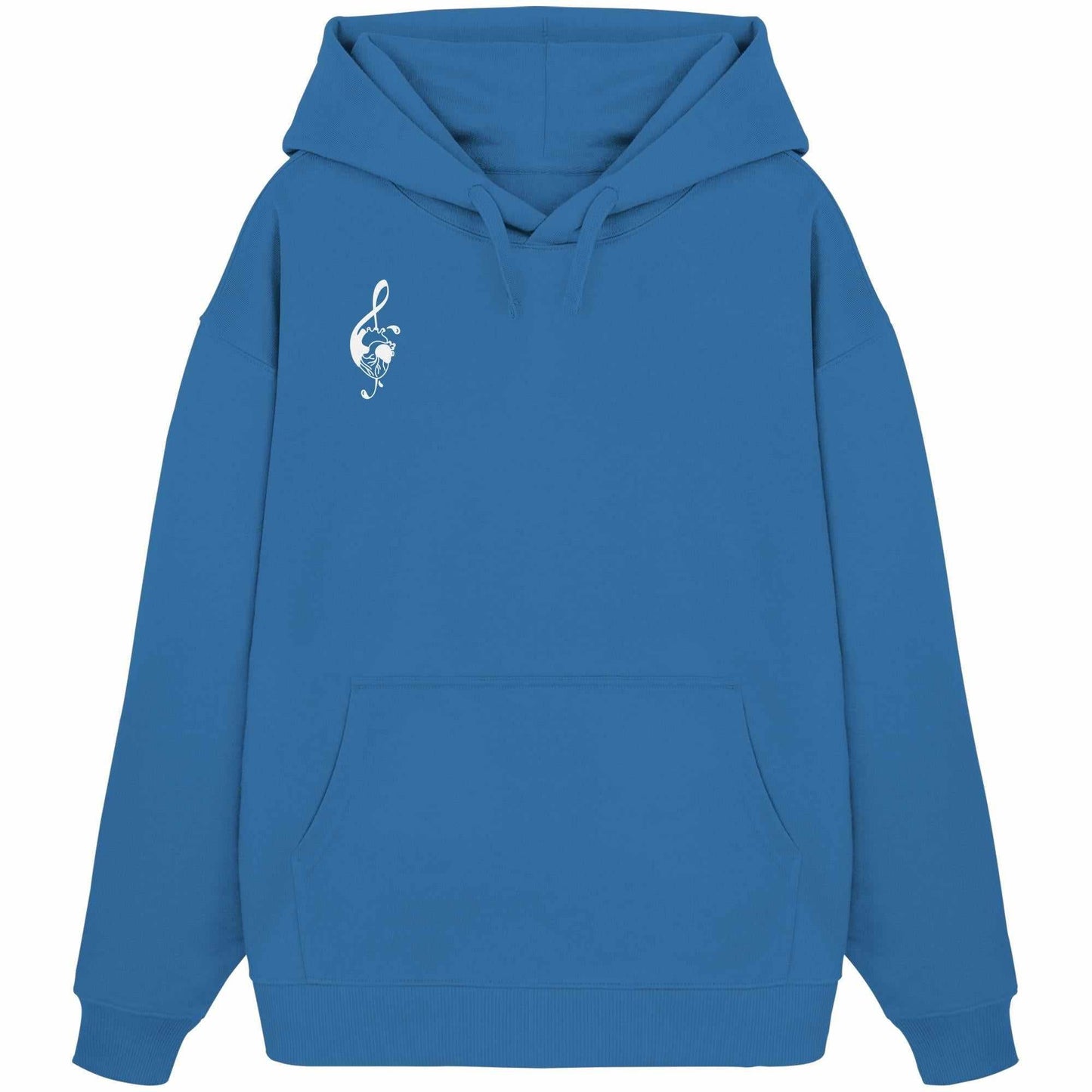 Vegan und Bio Oversized Hoodie: Music Heart, blauer Kapuzenpullover mit weißem Herz und Notenschlüssel, aus 100% Bio-Baumwolle, Kängurutasche vorne, von RUDE REBEL.