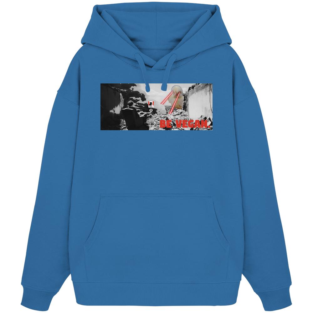 Vegan und Bio Oversized Hoodie: BE VEGAN. - Dramatische Szene auf Brustprint mit apokalyptischem Motiv, betont vegane Botschaft. Hergestellt aus 100% Bio-Baumwolle.