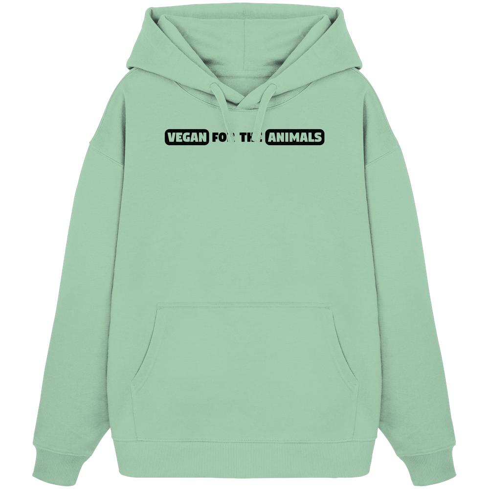 Vegan und Bio Oversized Hoodie: VEGAN FOR THE ANIMALS Edition 2, mintgrüner Hoodie mit Kängurutasche, Kapuze und Aufdruck VEGAN FOR THE ANIMALS auf der Brust.