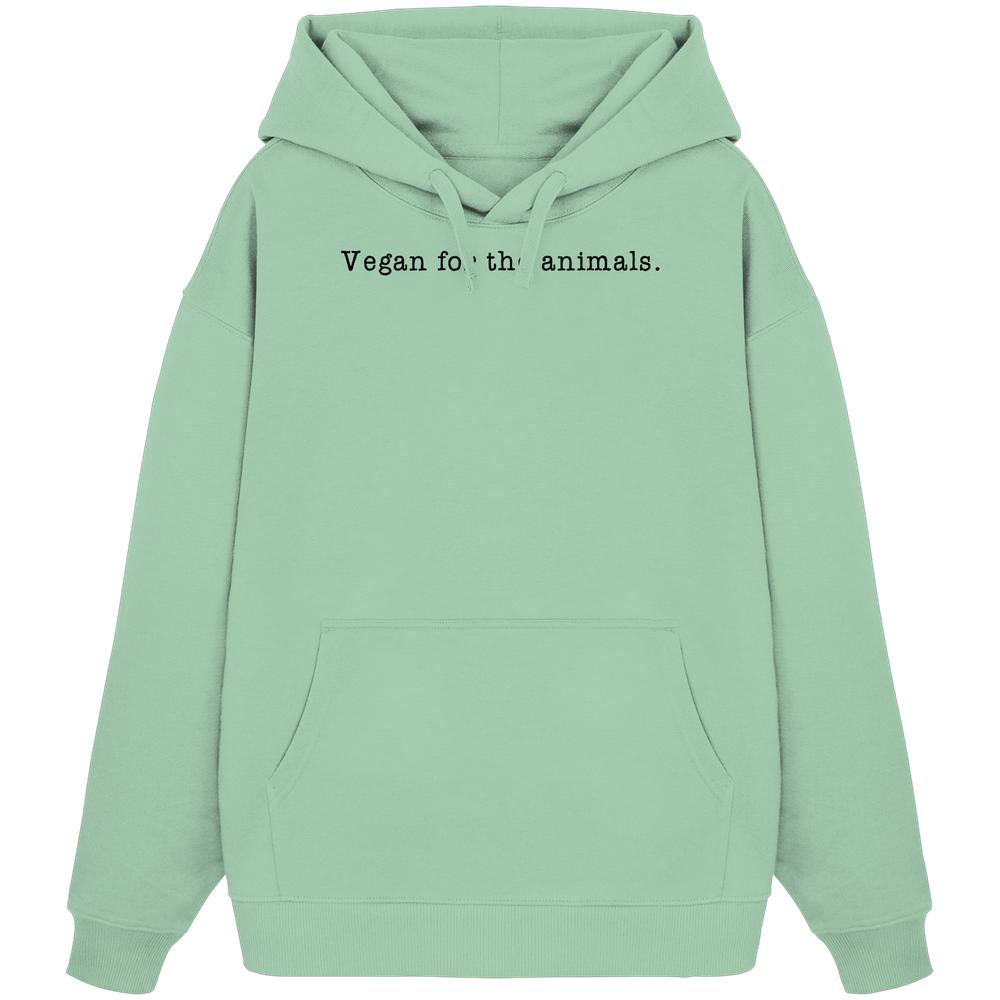 Vegan und Bio Unisex Oversized Hoodie: Minimalism Design - Vegan for the animals.; Mintgrüner Hoodie mit Kängurutasche und Kapuze, Schriftzug Vegan for the animals auf der Brust.