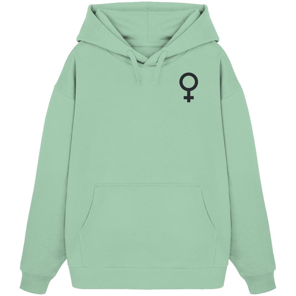 Mintgrüner Hoodie mit Venus-Symbol, Kapuze und Kängurutasche, aus 100% Bio-Baumwolle, oversized Schnitt.