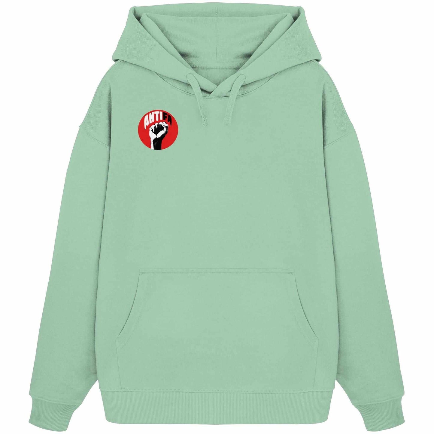 Vegan und Bio Oversized Hoodie: Antifa - Gemeinsam gegen Rechts, zeigt kämpferisches Design mit schwarzer Faust, hergestellt aus 100% Bio-Baumwolle, für Liebe und Freiheit.