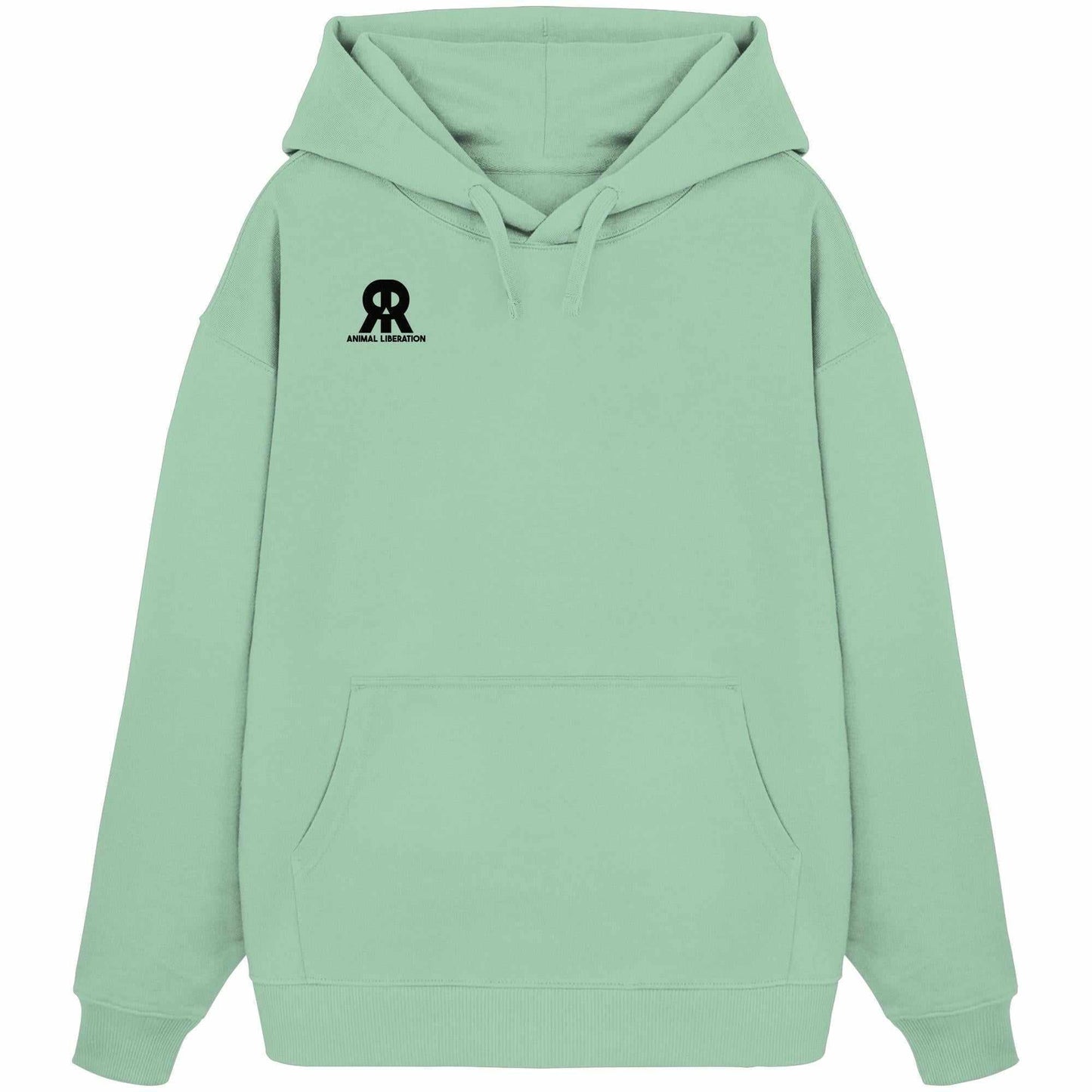 Vegan und Bio Oversized Hoodie: RUDE REBEL Skull - Animal Liberation, grüner Kapuzenpullover mit schwarzem Logo, Kängurutasche und rebellischem Design aus 100% Bio-Baumwolle.