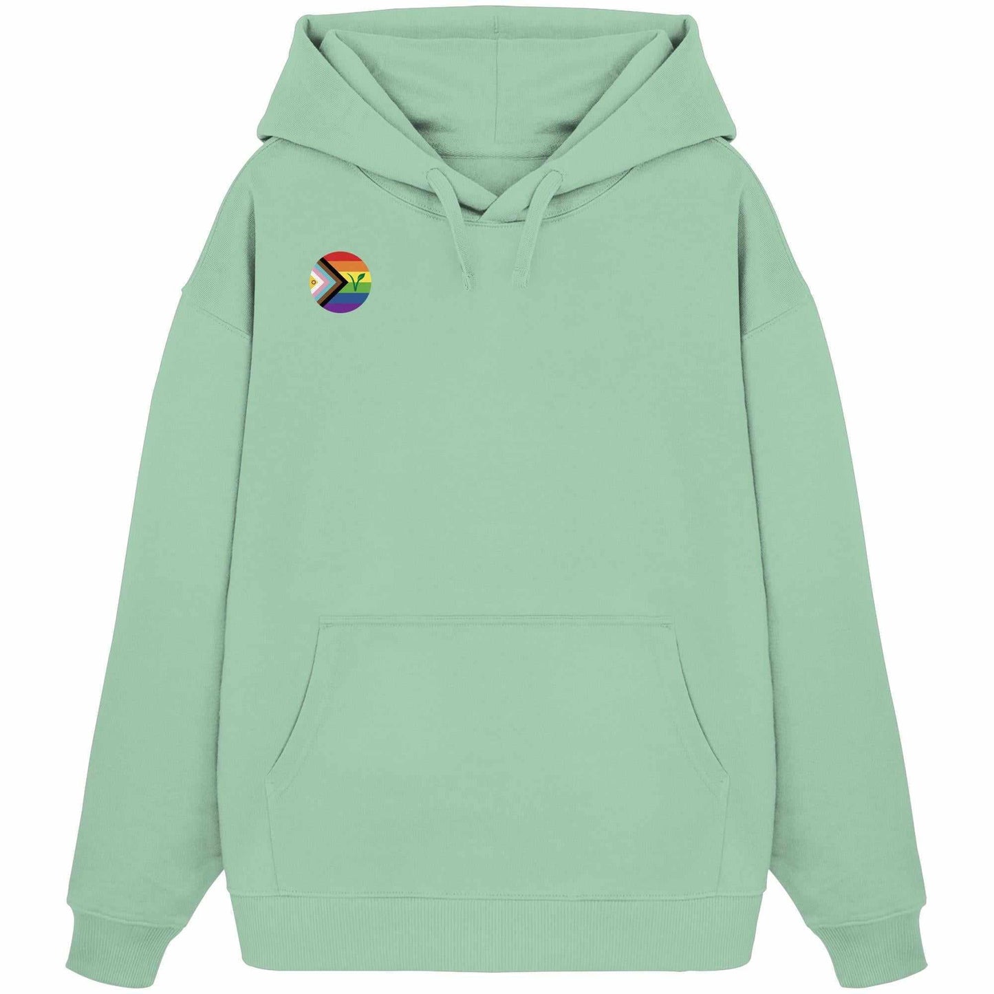 Vegan und Bio Oversized Hoodie: LGBTQIA+ VEGAN, grünes Kapuzen-Sweatshirt mit Regenbogen-Logo und Blattmotiv, aus 100% Bio-Baumwolle, designed von RUDE REBEL.