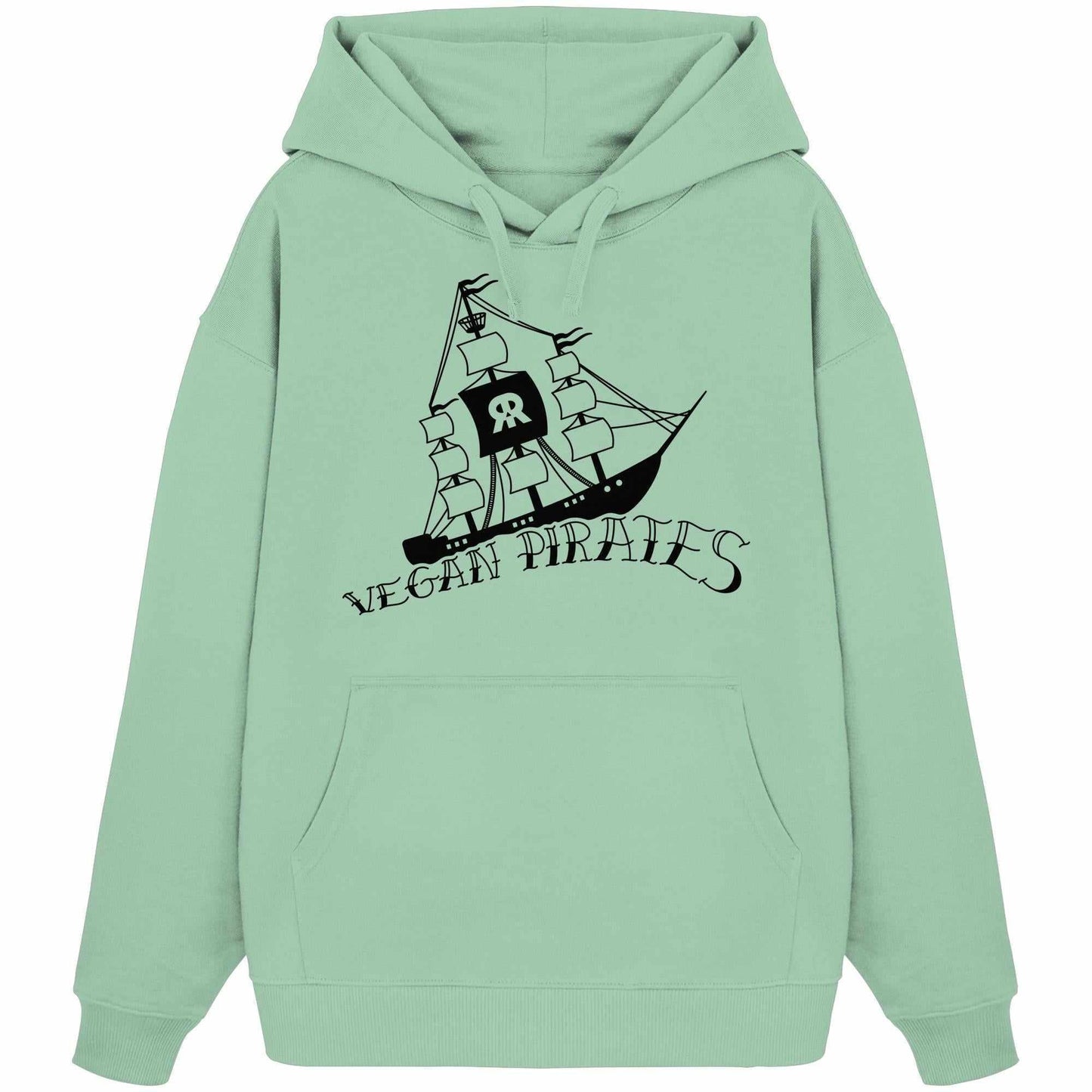 Vegan und Bio Oversized Hoodie: Vegan Pirates, grüner Hoodie mit Piratenschiff-Design, Kapuze, Kängurutasche, 100% Bio-Baumwolle, nachhaltige Mode von RUDE REBEL.