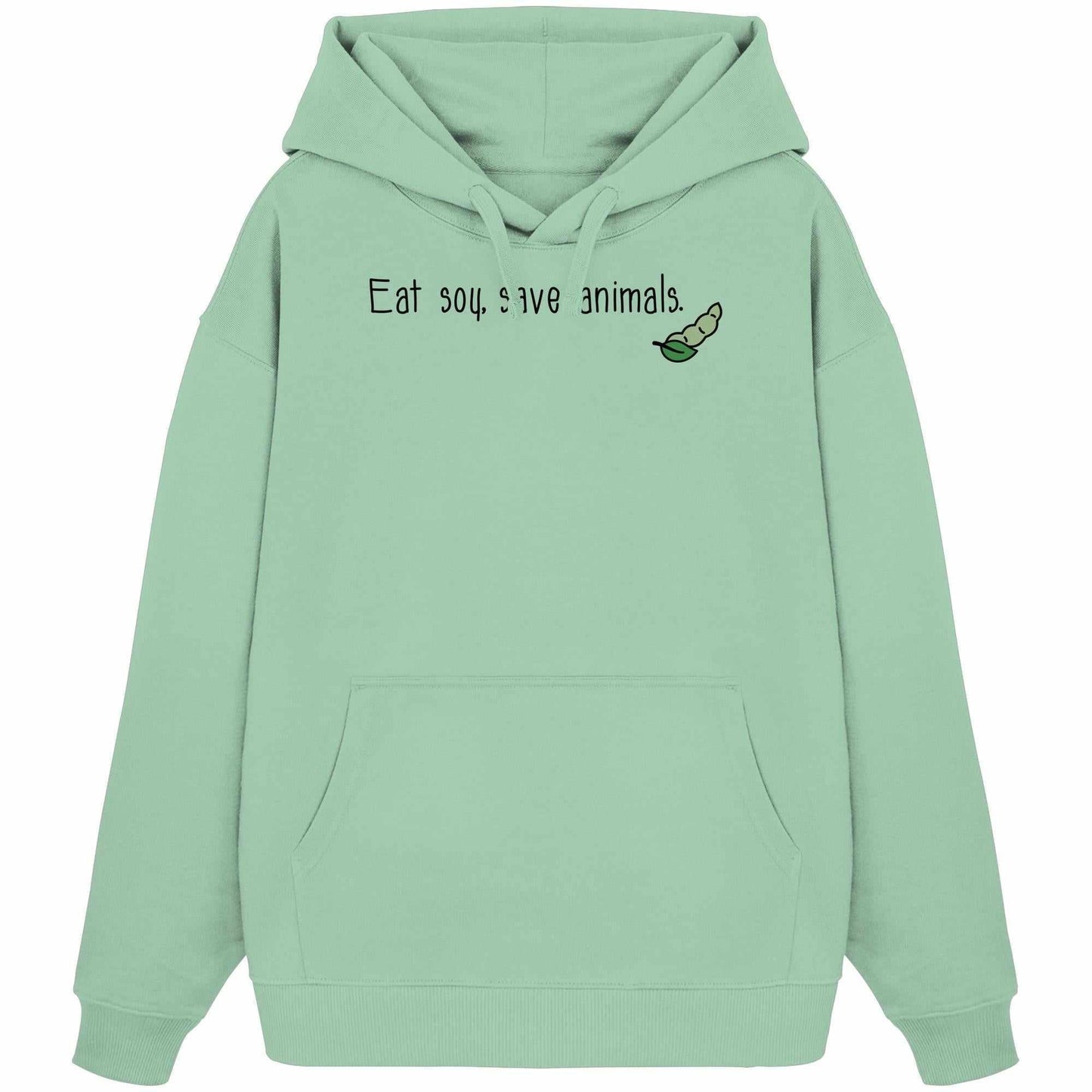 Vegan und Bio Oversized Hoodie: Veganism - Eat soy, save animals. Hoodie aus 100% Bio-Baumwolle mit Kapuze, Kängurutasche und rebellischem Design, passend zur veganen, nachhaltigen Marke RUDE REBEL.