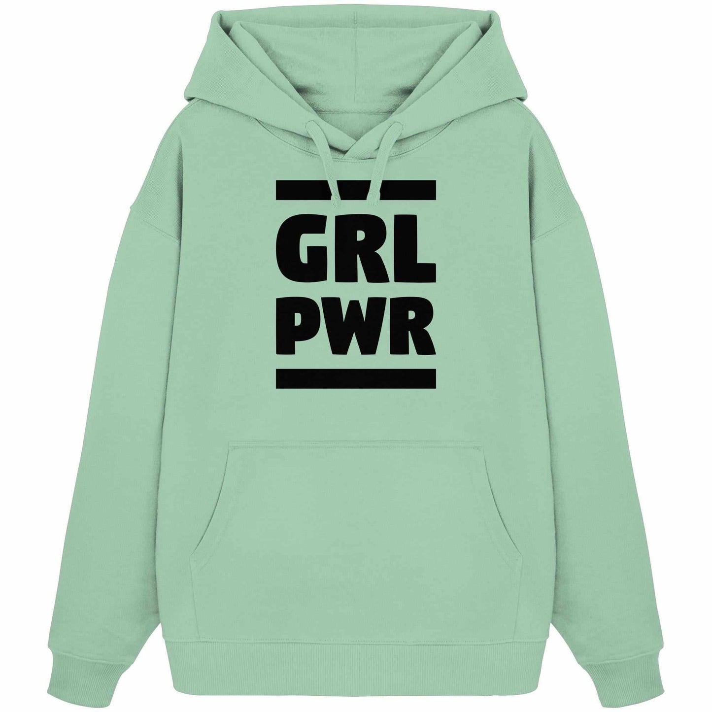 Vegan und Bio Oversized Hoodie: GIRL POWER mit feministischer Botschaft, grüner Kapuzenpullover aus 100% Bio-Baumwolle, Kängurutasche und flachen Kordeln, rebellisches Design von RUDE REBEL.