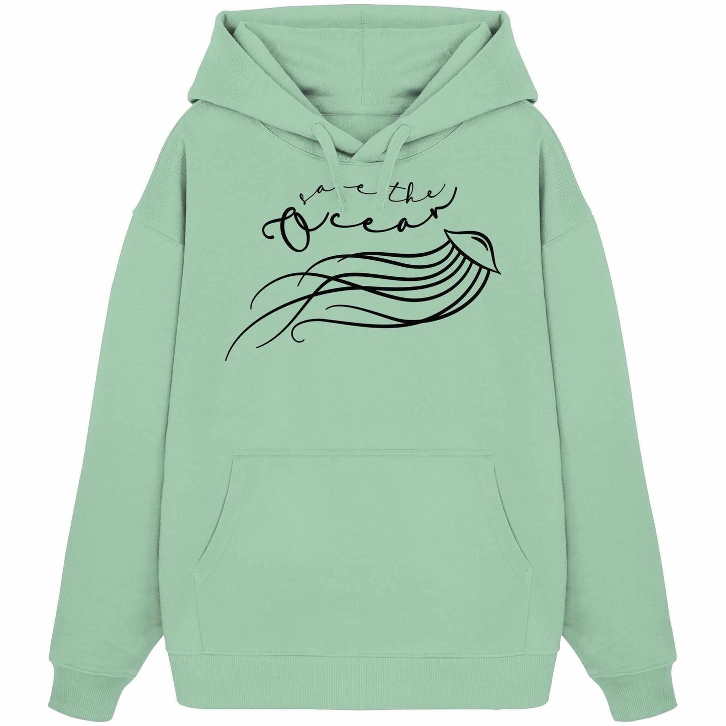 Vegan und Bio Oversized Hoodie: Jellyfish - Save the Ocean, grüner Hoodie mit schwarzem Design und Save the Ocean-Appell, aus 100% Bio-Baumwolle.