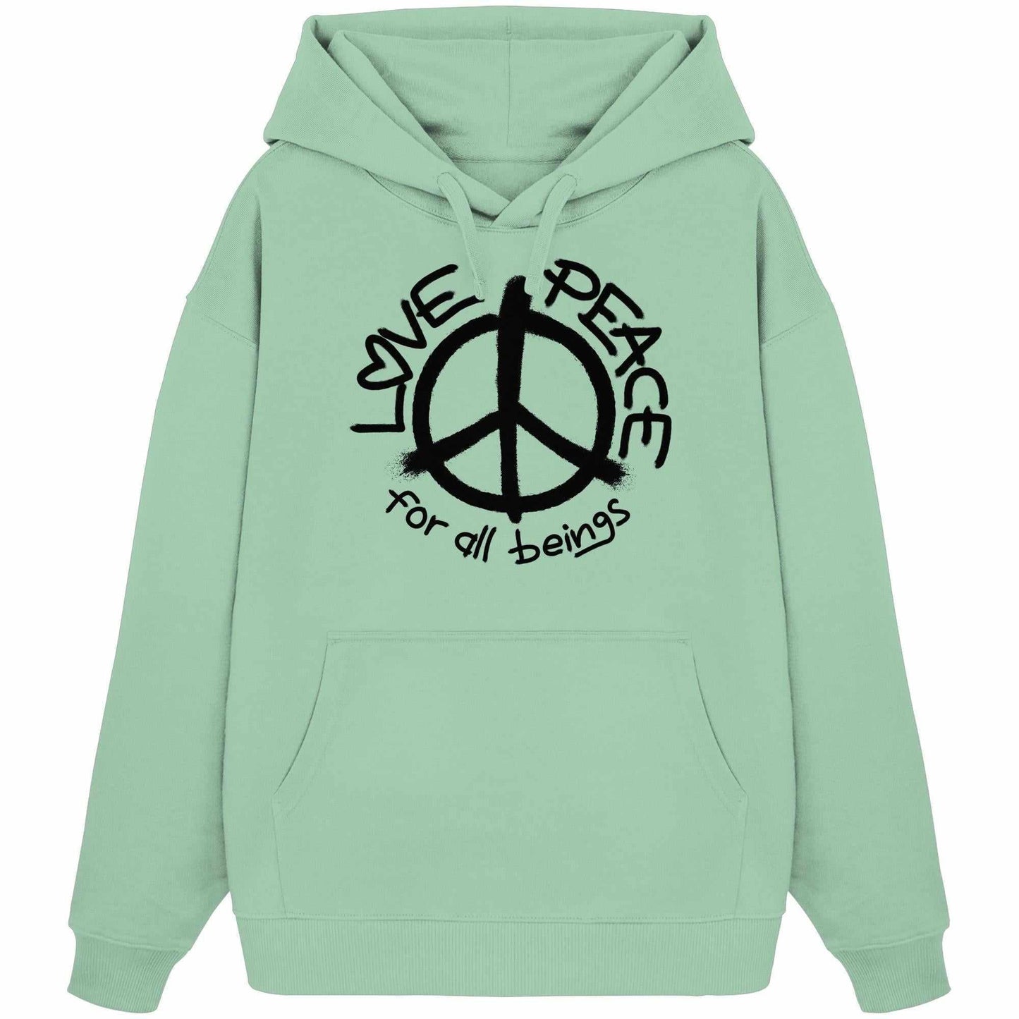 Vegan und Bio Oversized Hoodie mit Friedenssymbol, aus 100% Bio-Baumwolle, Kängurutasche vorne, rebellisches Design von RUDE REBEL.