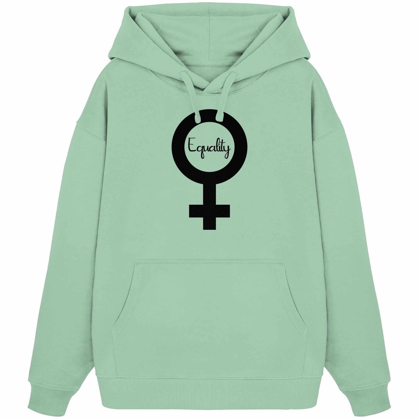 Vegan und Bio Oversized Hoodie: Feminismus - Der Kampf um Gleichberechtigung, grüner Kapuzenpullover mit Symbol, aus 100% Bio-Baumwolle, oversized Schnitt, Kängurutasche.