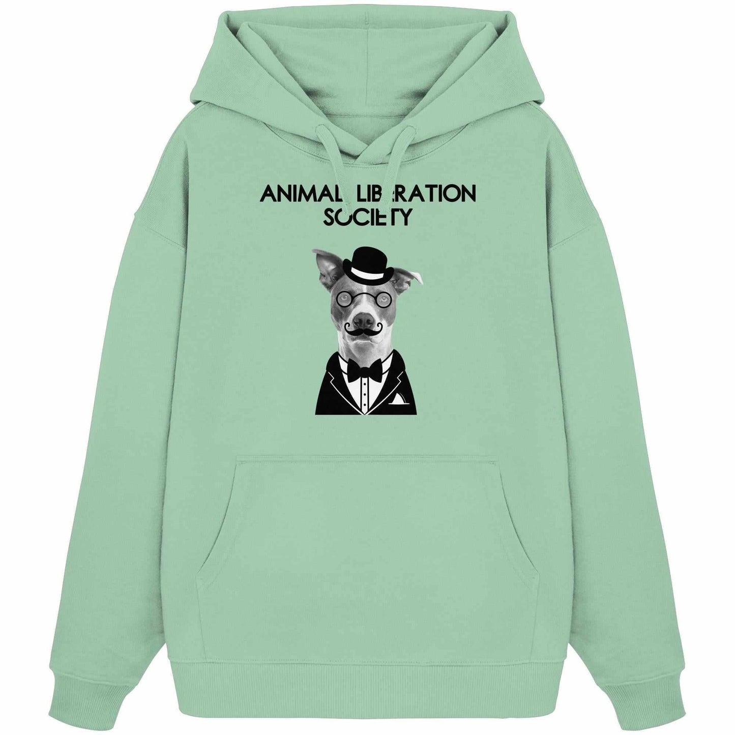 Vegan und Bio Oversized Hoodie: Mr. Dog - Animal Liberation Society, zeigt einen Hund mit Hut, Brille und Schnurrbart, inspiriert von Tierrechten.