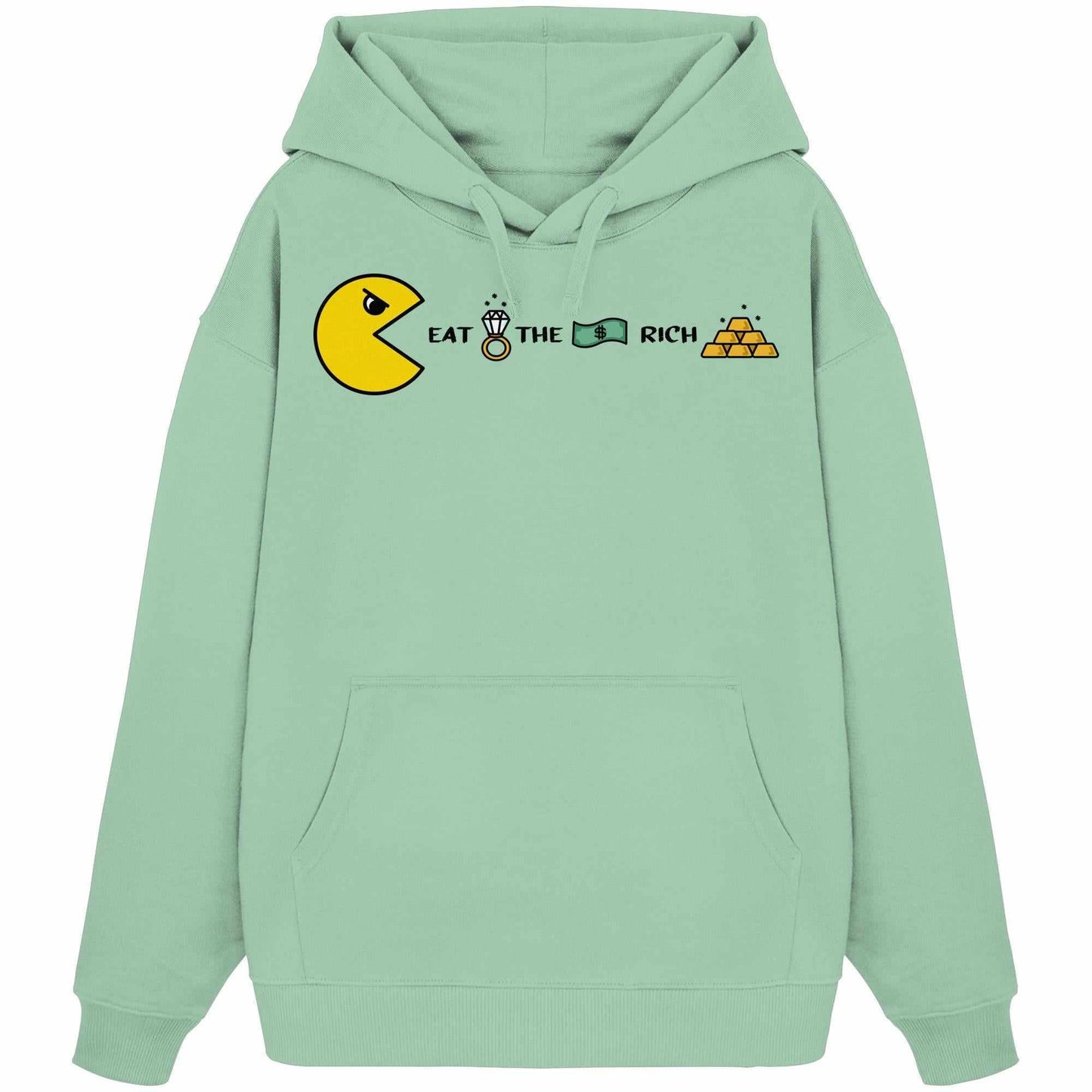 Vegan und Bio Oversized Hoodie: PAC-MAN - Eat the rich, grüner Kapuzenpullover mit Cartoon-Motiv, aus 100% Bio-Baumwolle, Kängurutasche, rebellisches Design von RUDE REBEL.