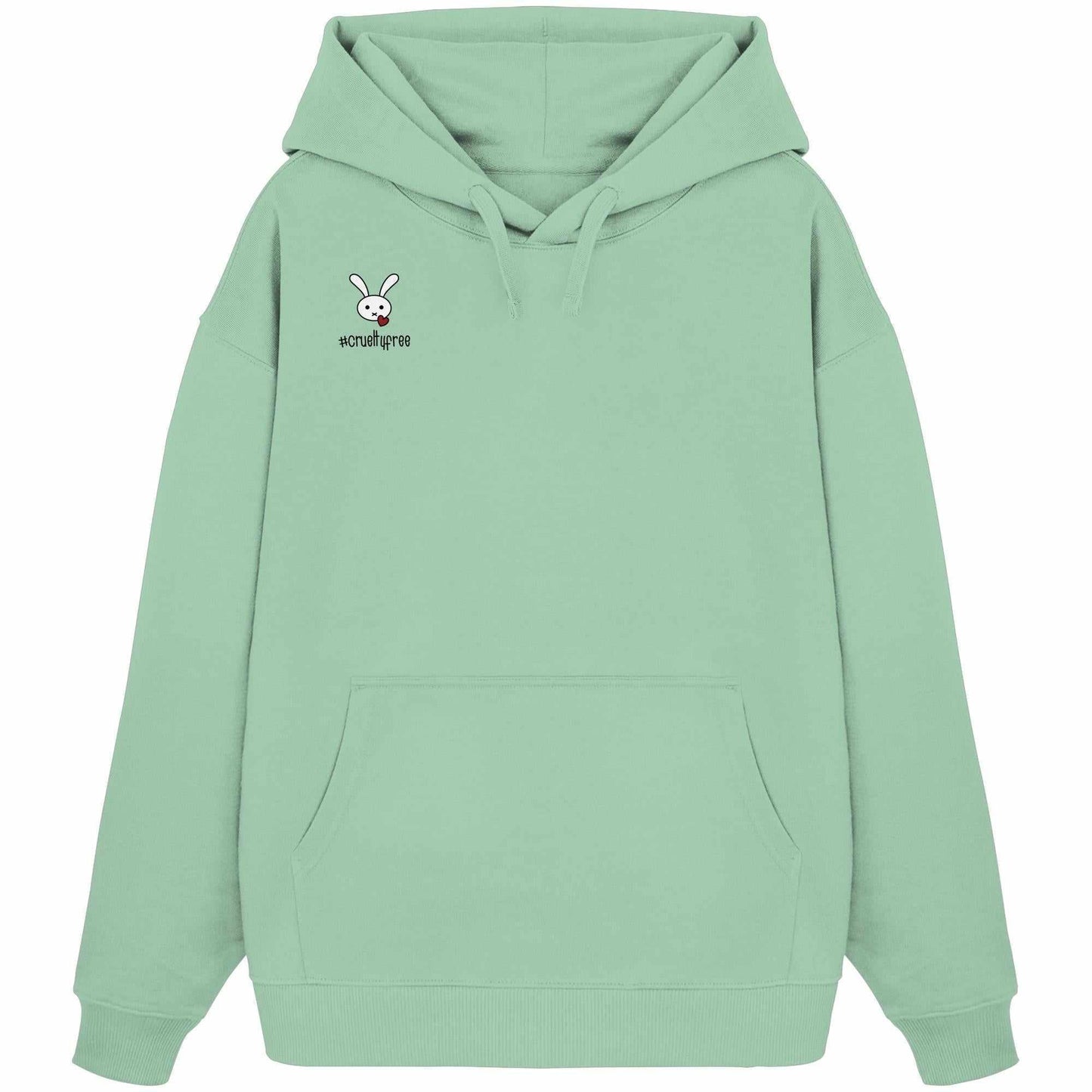 Vegan und Bio Oversized Hoodie: Crueltyfree Bunny zeigt einen Cartoon-Hasen mit Herz auf der Front, aus 100% Bio-Baumwolle, mit Kängurutasche.