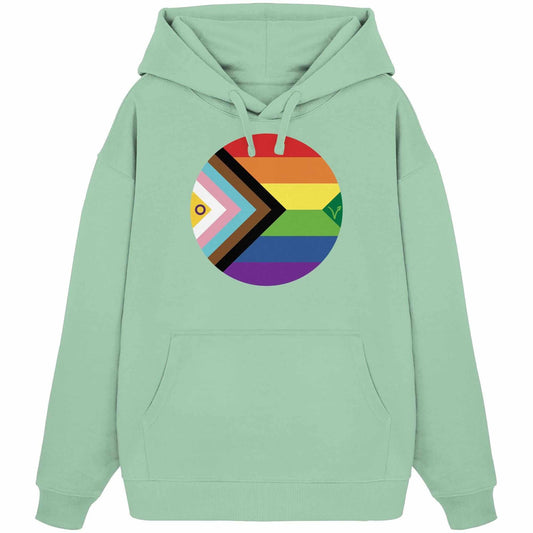 Vegan und Bio Oversized Hoodie mit Regenbogenkreis und Fischmotiv, symbolisiert LGBTQAI+ und Veganismus, aus 100% Bio-Baumwolle, Kängurutasche, Kapuze, rebellisches Design von RUDE REBEL.