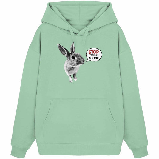 Vegan und Bio Oversized Hoodie mit süßem Hasenmotiv und Stop Testing Animals!-Slogan, aus 100% Bio-Baumwolle, mit Kängurutasche und Kapuze.