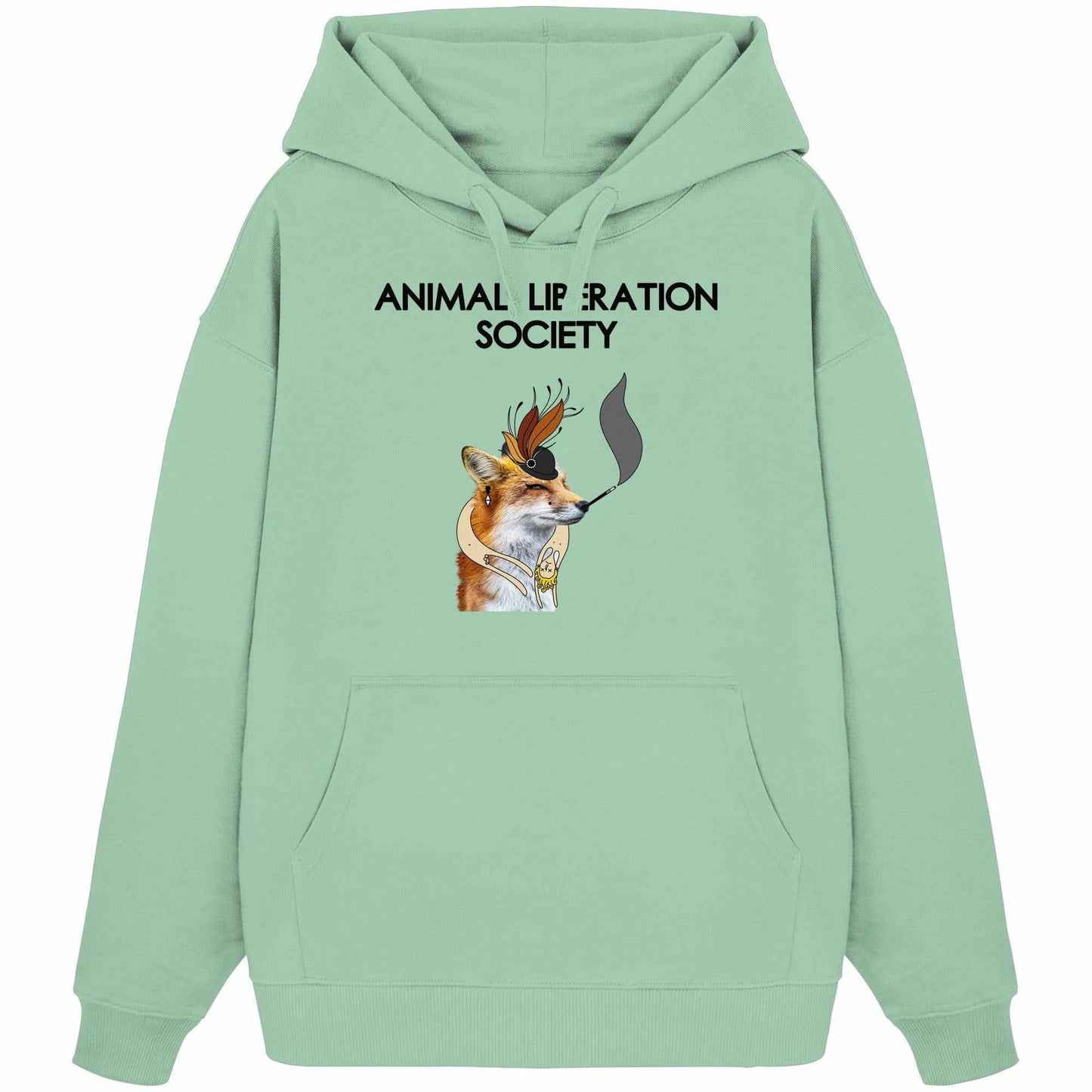 Vegan und Bio Oversized Hoodie: Mrs. Fox - Animal Liberation Society, grüner Hoodie mit Fuchsmotiv, aus 100% Bio-Baumwolle, rebellisches Tierschutz-Design von RUDE REBEL.