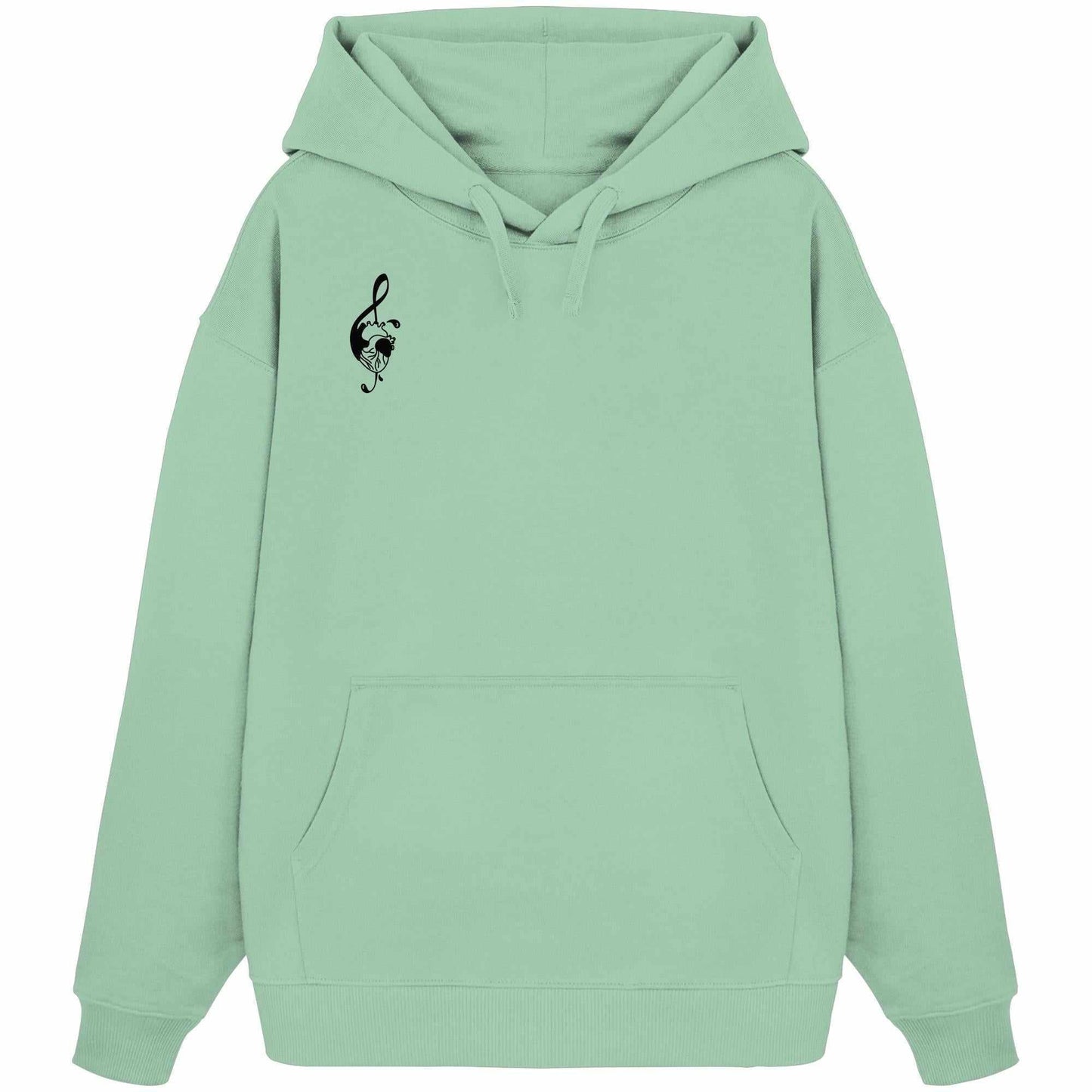 Vegan und Bio Oversized Hoodie: Music Heart, grüner Kapuzenpullover mit schwarzem Notenschlüsselmotiv, aus 100% Bio-Baumwolle, Kängurutasche vorne, rebellisches Design von RUDE REBEL.