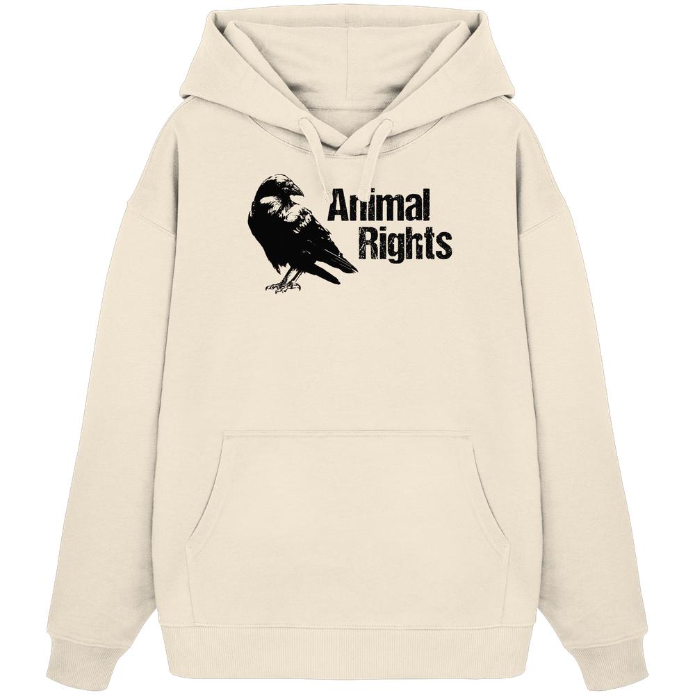 Vegan und Bio Oversized Hoodie: Raven - Animal Rights mit Krähenmotiv und Text auf der Brust, Kängurutasche und Kapuze, aus 100% Bio-Baumwolle.