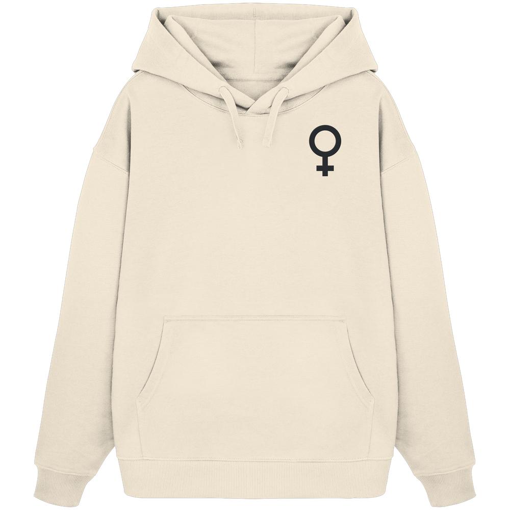 Vegan und Bio Oversized Hoodie bestickt mit Venussymbol, hellbeige, Kapuze, Kängurutasche, aus 100% Bio-Baumwolle, rebellisches Design von RUDE REBEL.