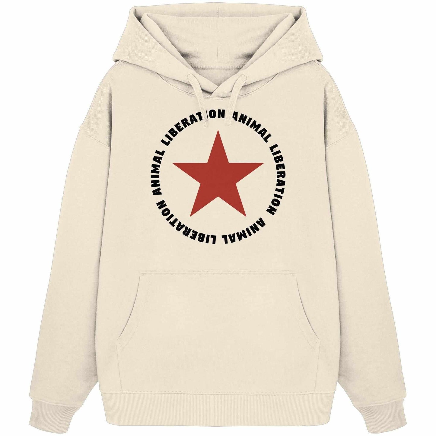 Vegan und Bio Oversized Hoodie mit rotem Stern und „Animal Liberation“-Text, aus 100% Bio-Baumwolle, Kapuze und Kängurutasche, rebellisches Design von RUDE REBEL.