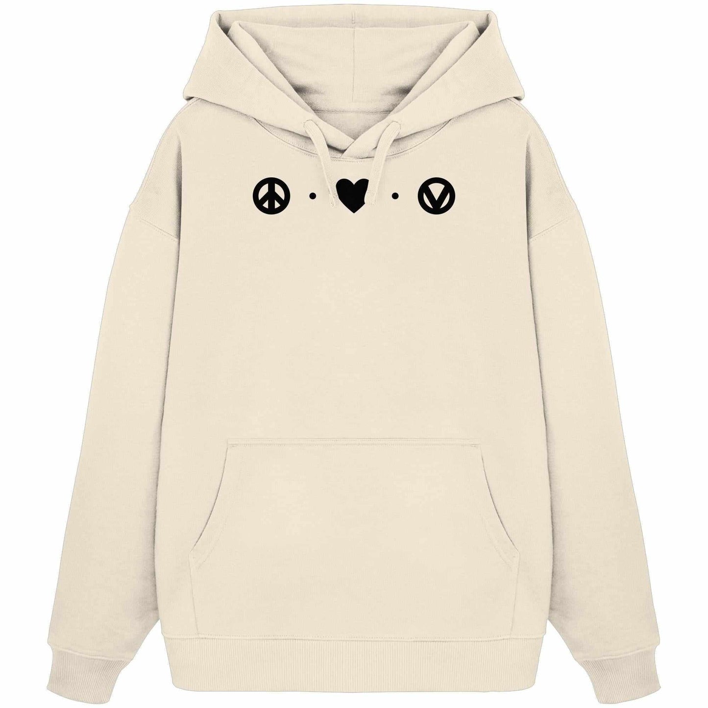 Vegan und Bio Oversized Hoodie: Love - Peace - Veganism mit schwarzem Peace-Symbol, aus 100% Bio-Baumwolle, Kängurutasche und Kapuze, reflektiert RUDE REBELs vegane, nachhaltige Philosophie.