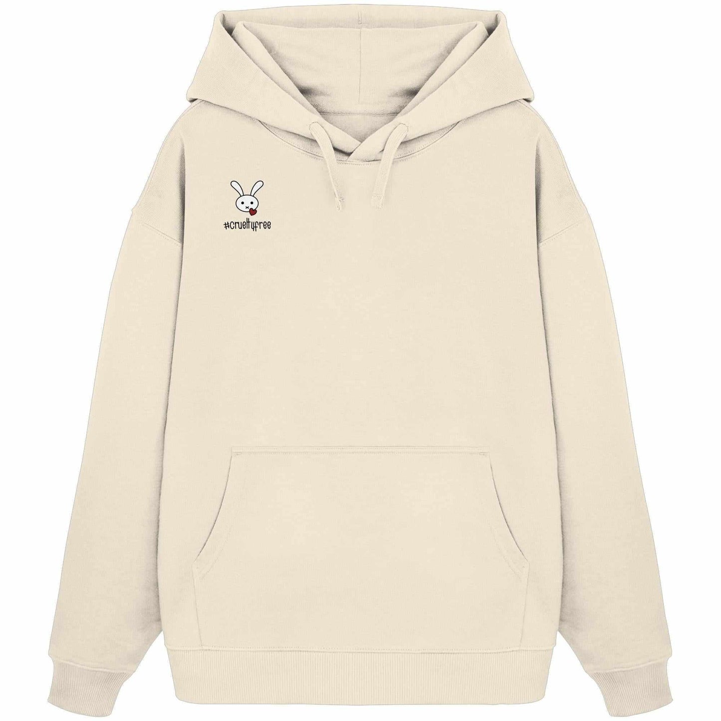 Vegan und Bio Oversized Hoodie: Crueltyfree Bunny mit Kängurutasche und Kapuze, Cartoon-Hase mit Herzmotiv, aus 100% Bio-Baumwolle, rebellisches Design von RUDE REBEL.