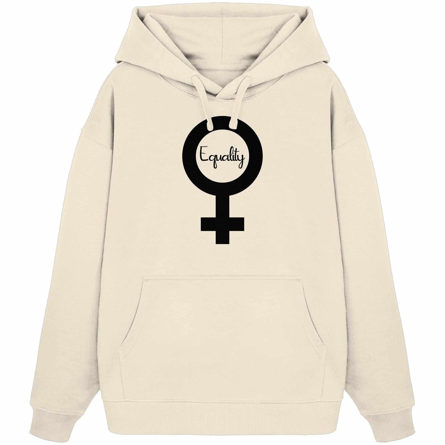 Vegan und Bio Oversized Hoodie: Feminismus - Der Kampf um Gleichberechtigung, weißer Hoodie mit schwarzem Symbol, Kapuze, aus 100% Bio-Baumwolle von RUDE REBEL.