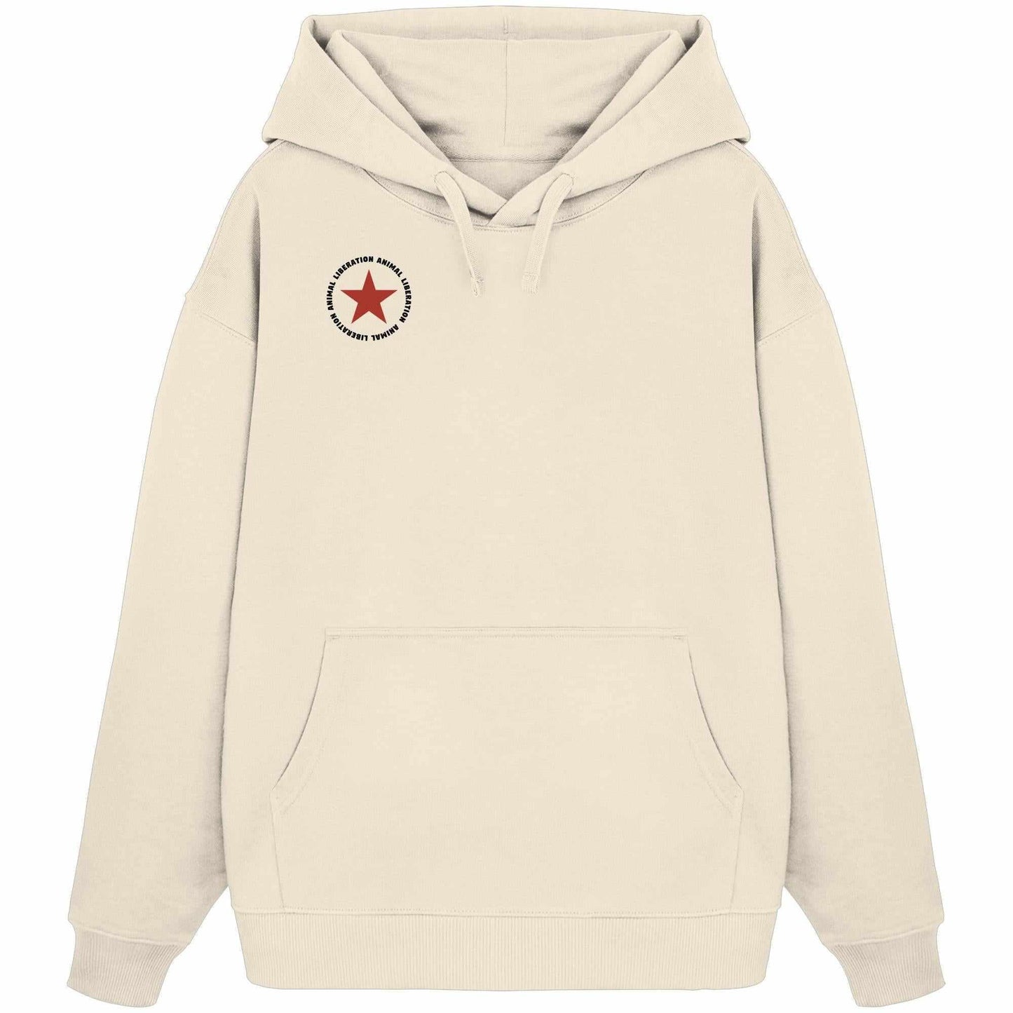 Vegan und Bio Oversized Hoodie: Red Star - Animal Liberation, weiß, mit rotem Stern-Design, aus 100% Bio-Baumwolle, Kapuze, Kängurutasche, rebellisches Statement zu Tierrechten.