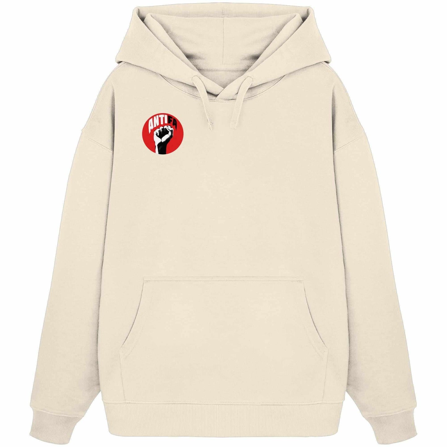 Vegan und Bio Oversized Hoodie: Antifa - Gemeinsam gegen Rechts, weißer Hoodie mit rotem Faust-Design, Kängurutasche und Kapuze, aus 100% Bio-Baumwolle.