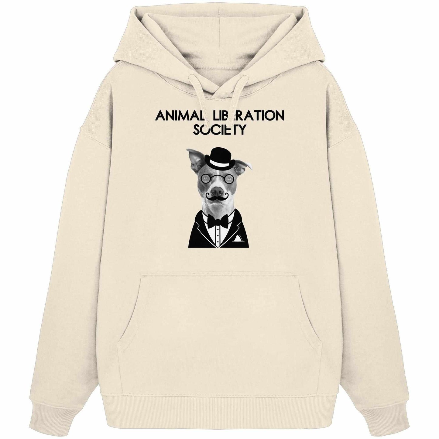 Vegan und Bio Oversized Hoodie: Mr. Dog - Animal Liberation Society, zeigt Hund mit Brille, Hut und Krawatte, 100% Bio-Baumwolle, rebellisches Design.