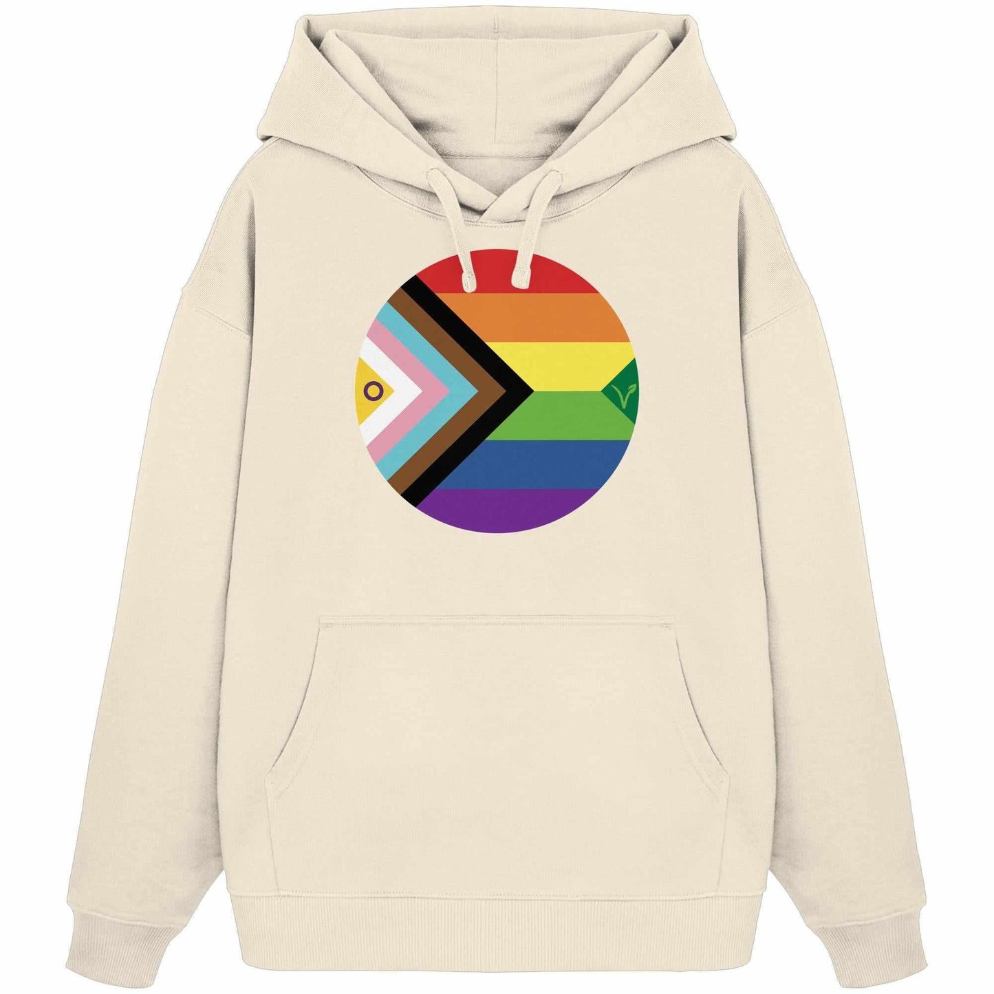 Vegan und Bio Oversized Hoodie mit Regenbogenkreis-Design, symbolisiert LGBTQAI+ und Veganismus, aus 100% Bio-Baumwolle, von RUDE REBEL.