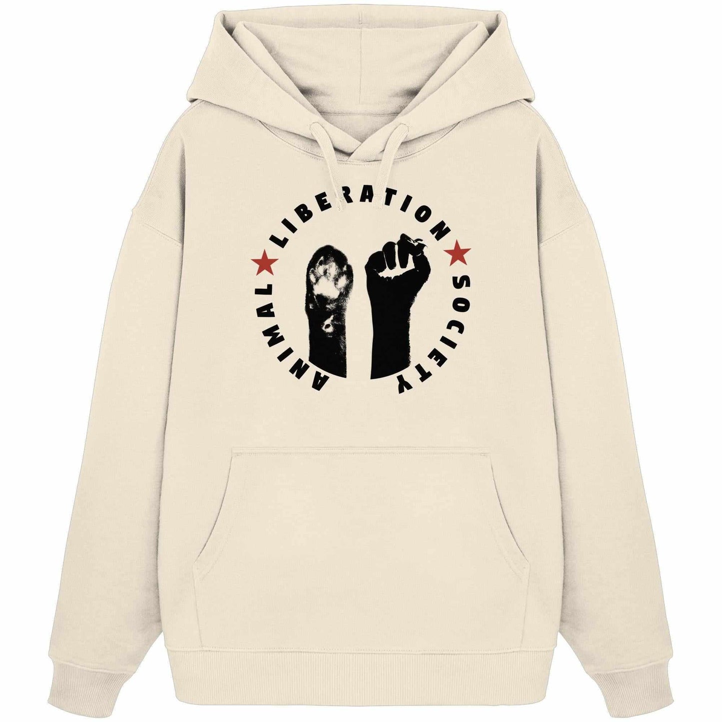 Vegan und Bio Oversized Hoodie mit schwarzem Fist-und-Pfote-Design, symbolisiert den Kampf für Tierrechte. Aus 100% Bio-Baumwolle, mit Kängurutasche und Kapuze.