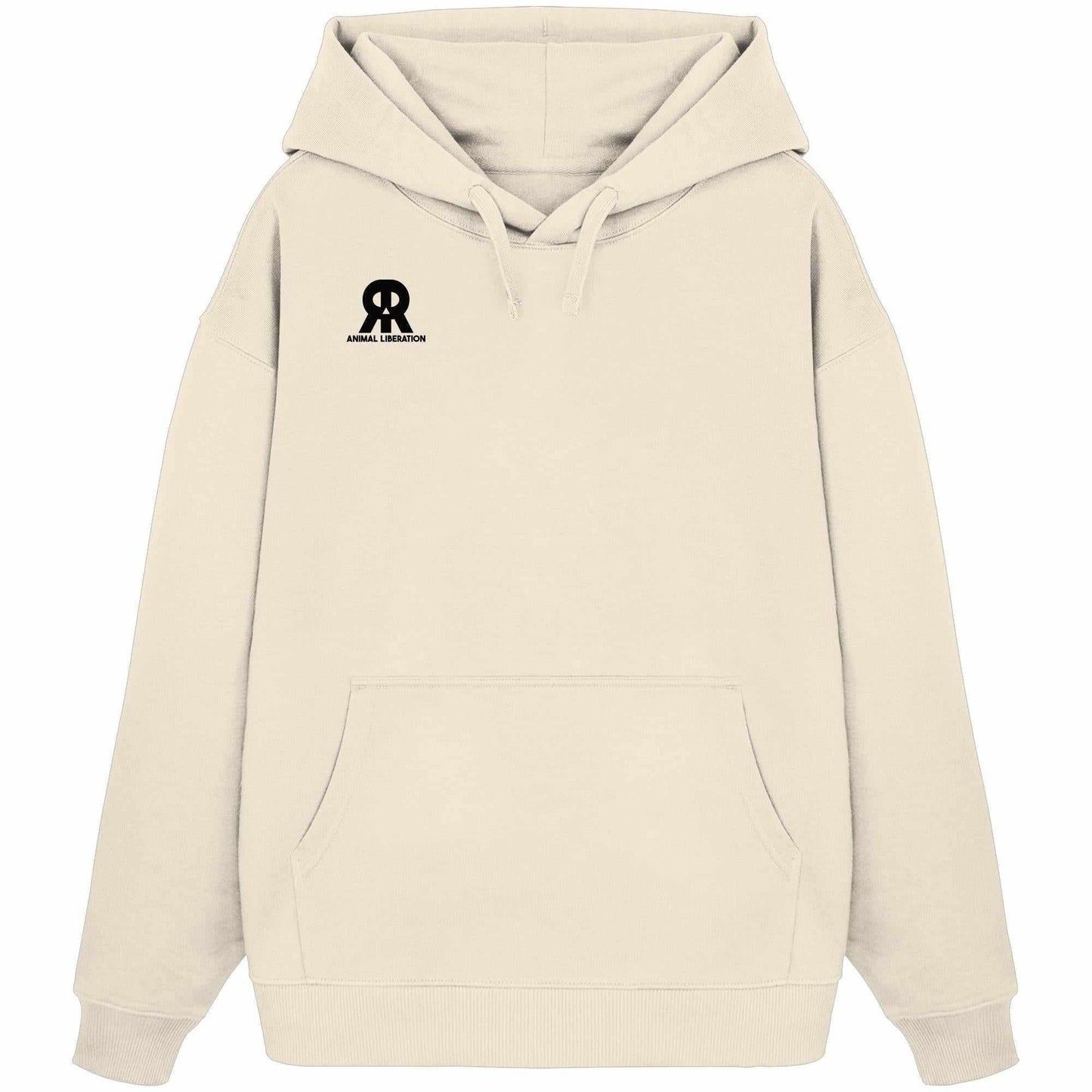 Vegan und Bio Oversized Hoodie: RUDE REBEL Skull - Animal Liberation, weiß mit schwarzem Logo, Kängurutasche, Kapuze, aus 100% Bio-Baumwolle, rebellisches Design.