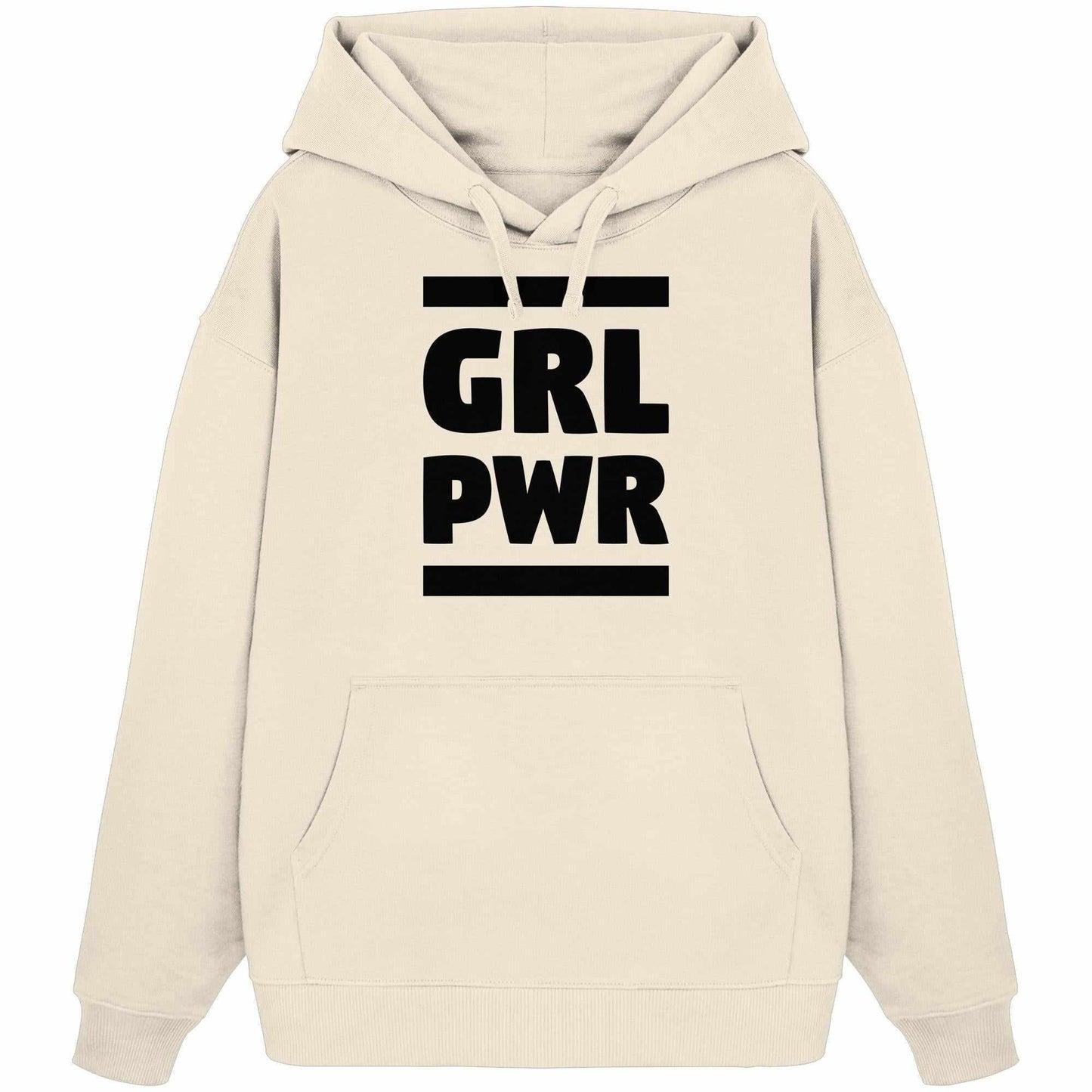 Vegan und Bio Oversized Hoodie: GIRL POWER - Weißer Hoodie mit schwarzem Text und Kängurutasche, aus 100% Bio-Baumwolle, feministische Botschaft.