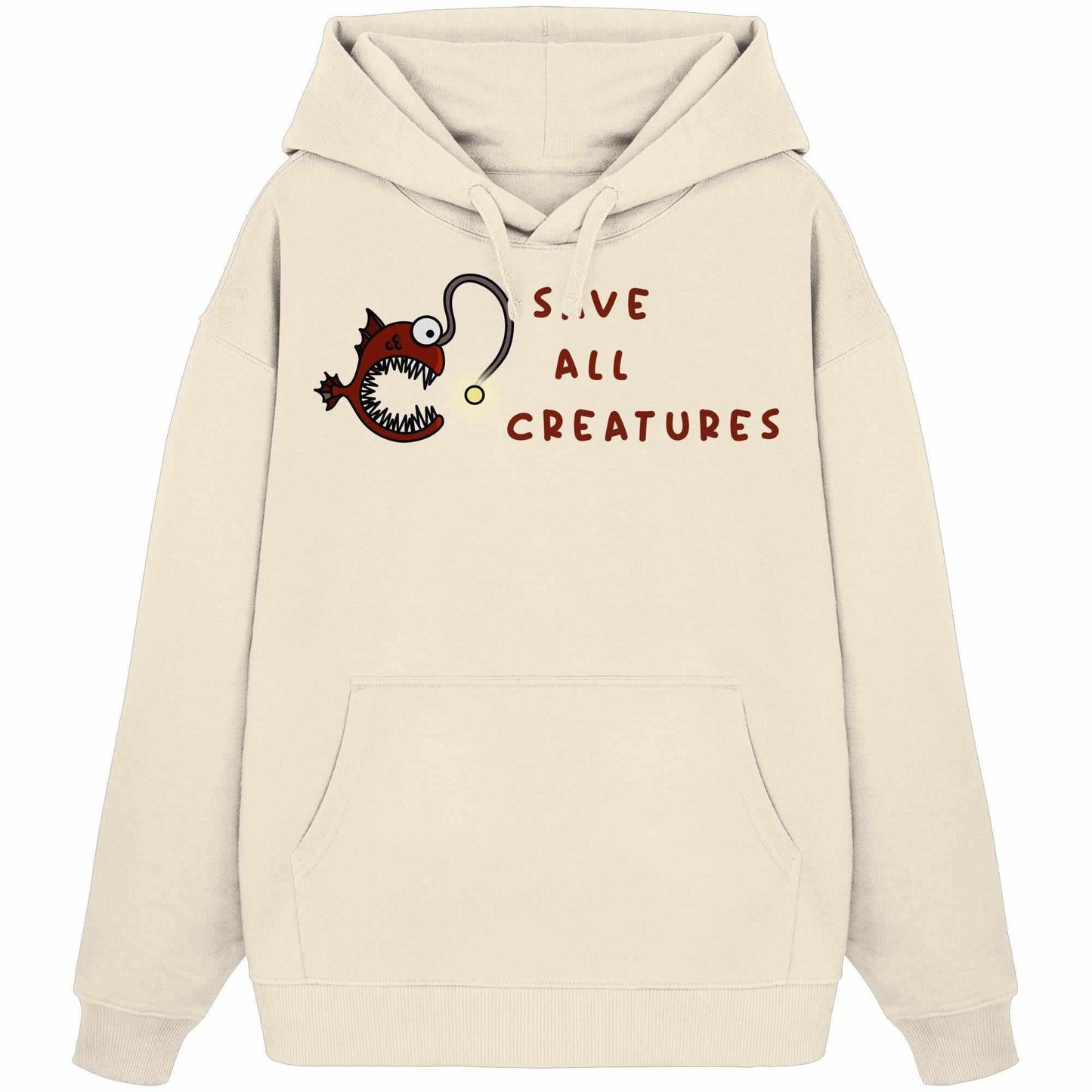 Vegan und Bio Oversized Hoodie: Weird Frogfish mit Cartoon-Anglerfischmotiv und Fragezeichen, symbolisiert Schutz aller Kreaturen. Hergestellt aus 100% Bio-Baumwolle.