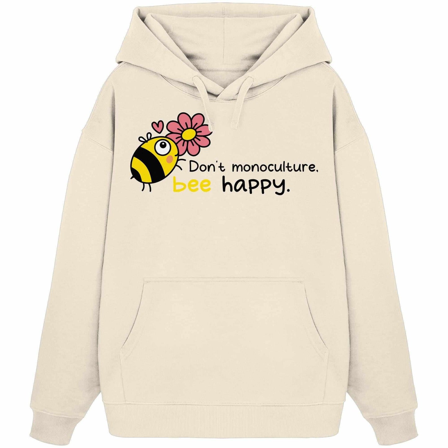 Vegan und Bio Oversized Hoodie: Save the bees, mit Cartoon-Biene und Blume, 100% Bio-Baumwolle, Kängurutasche, rebellisches Design für Naturschutz und Artenvielfalt.