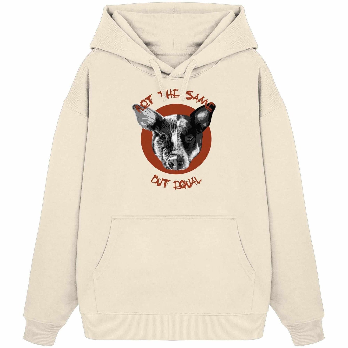 Vegan und Bio Oversized Hoodie mit digitaler Collage: Hund und Schwein, thematisiert Tierrechte und Gleichheit. 100% Bio-Baumwolle, Kängurutasche, rebellisches Design von RUDE REBEL.