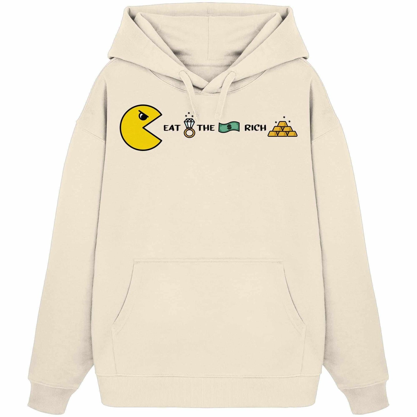 Vegan und Bio Oversized Hoodie: PAC-MAN - Eat the rich, weißer Hoodie mit gelbem Pac-Man-Design und Pyramidenmotiv, aus 100% Bio-Baumwolle, rebellisches Statement gegen Reichtumsverteilung.