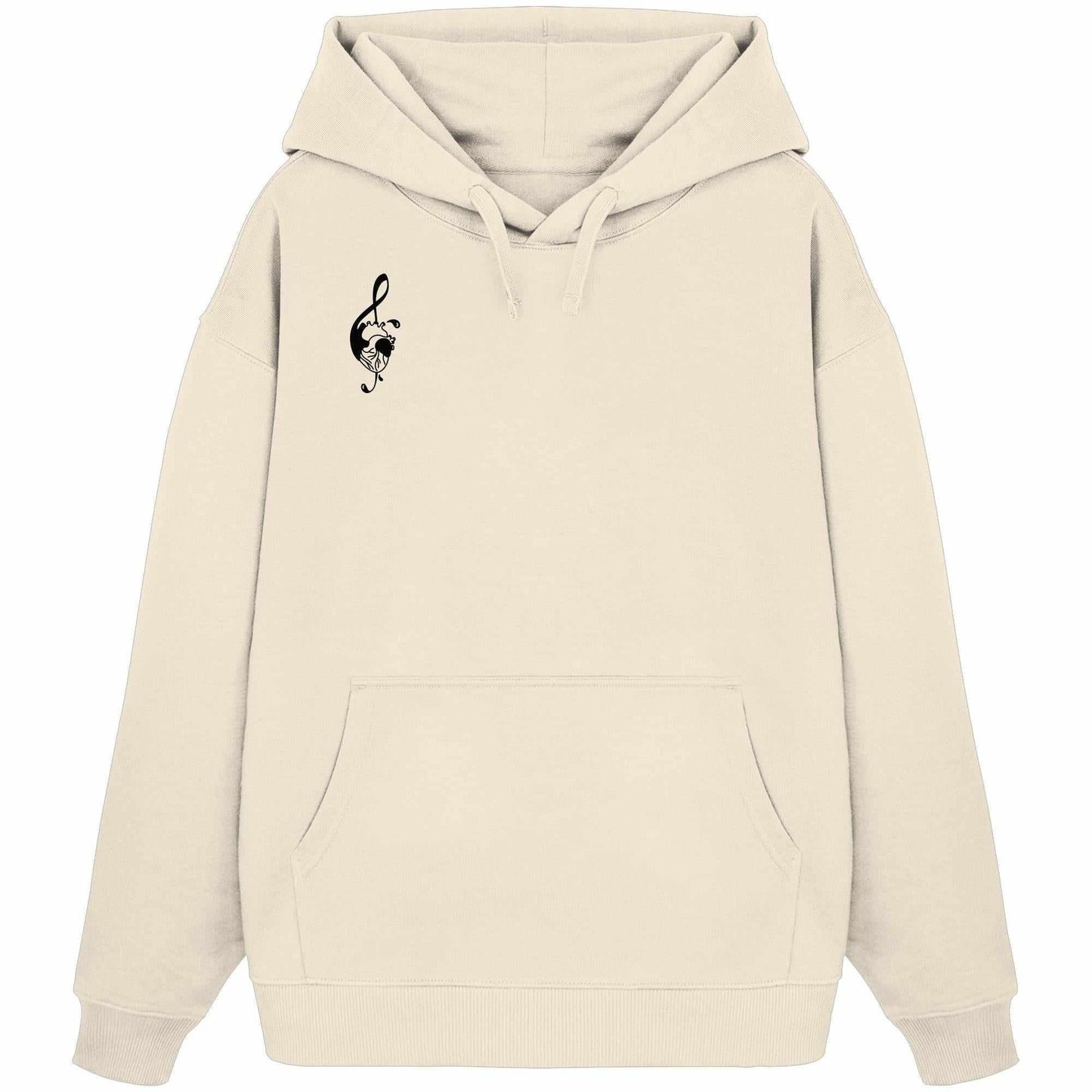 Vegan und Bio Oversized Hoodie: Music Heart mit schwarzem Musik-Symbol auf weißem Stoff, Kapuze und Kängurutasche aus 100% Bio-Baumwolle.