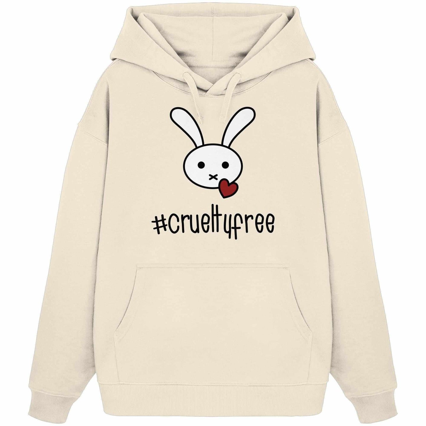 Vegan und Bio Oversized Hoodie: Crueltyfree Bunny BIG, weiß, mit Cartoon-Kaninchen und Herzmotiv, 100% Bio-Baumwolle, oversized Schnitt, Kängurutasche, von RUDE REBEL.