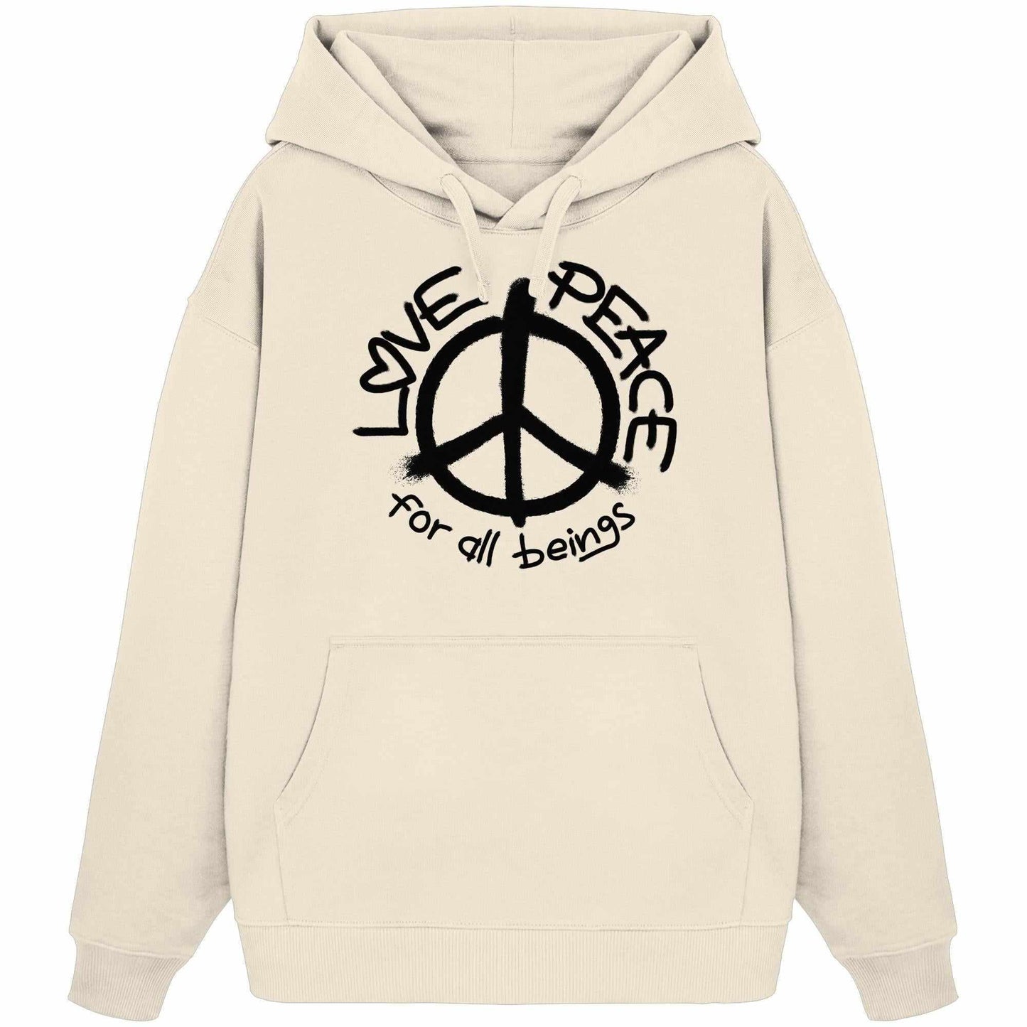 Vegan und Bio Oversized Hoodie mit Peace-Zeichen und Botschaft „LOVE and PEACE for all beings“, aus 100% Bio-Baumwolle, oversized Schnitt, mit Kapuze.