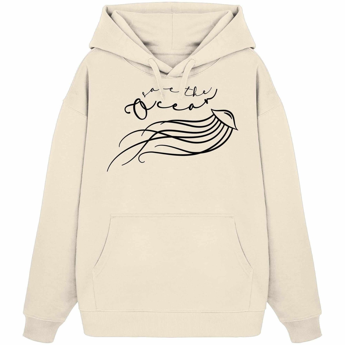 Vegan und Bio Oversized Hoodie: Jellyfish - Save the Ocean mit schwarzem Design, aus 100% Bio-Baumwolle, Kängurutasche und Kapuze, betont Ozean- und Naturschutz.