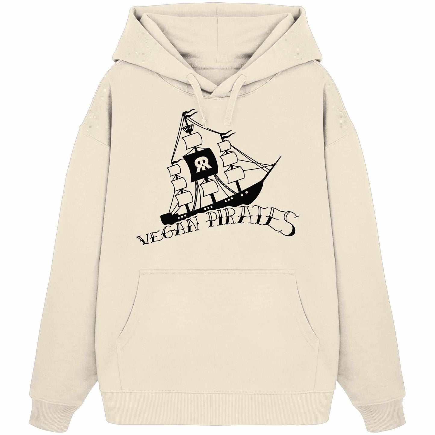 Vegan und Bio Oversized Hoodie: Vegan Pirates mit Piratenschiff-Logo, hergestellt aus 100% Bio-Baumwolle, zeigt rebellisches Design und setzt ein Statement für nachhaltige Mode.