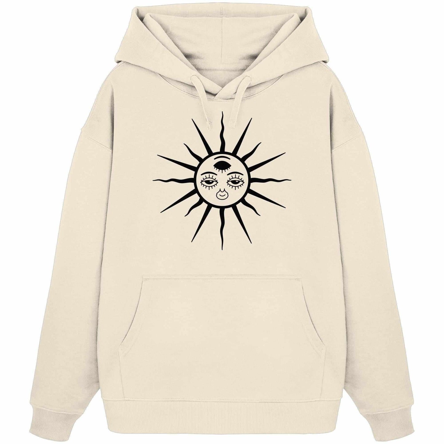 Vegan und Bio Oversized Hoodie: The Sun - Third Eye Awakening mit dreiaugiger Sonnenzeichnung, ideal für Goa Raves, aus 100% Bio-Baumwolle, Kängurutasche, Kapuze.