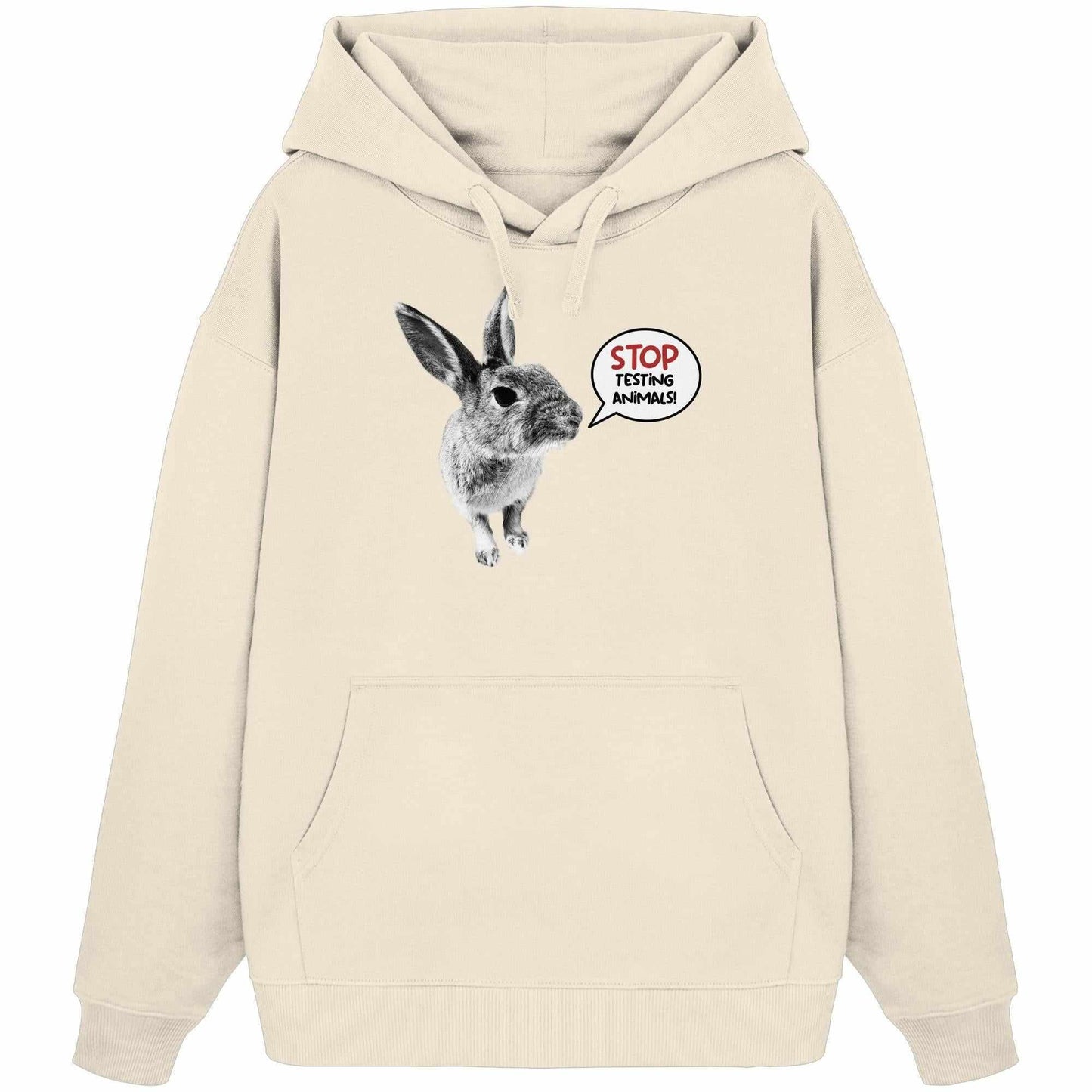 Vegan und Bio Oversized Hoodie mit niedlichem Hasen und der Botschaft Stop Animal Testing, aus 100% Bio-Baumwolle, Kängurutasche, Kapuze.