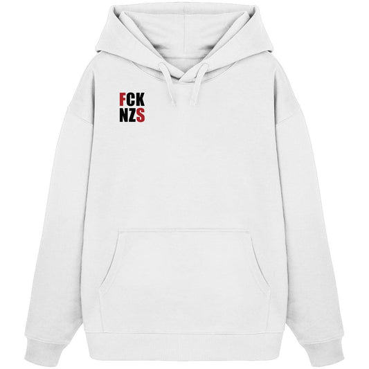 Vegan und Bio Oversized Hoodie: FCK NZS mit roten Highlights, weiße Kapuze, Kängurutasche, aus 100% Bio-Baumwolle, rebellisches Statement für nachhaltige und vegane Mode.
